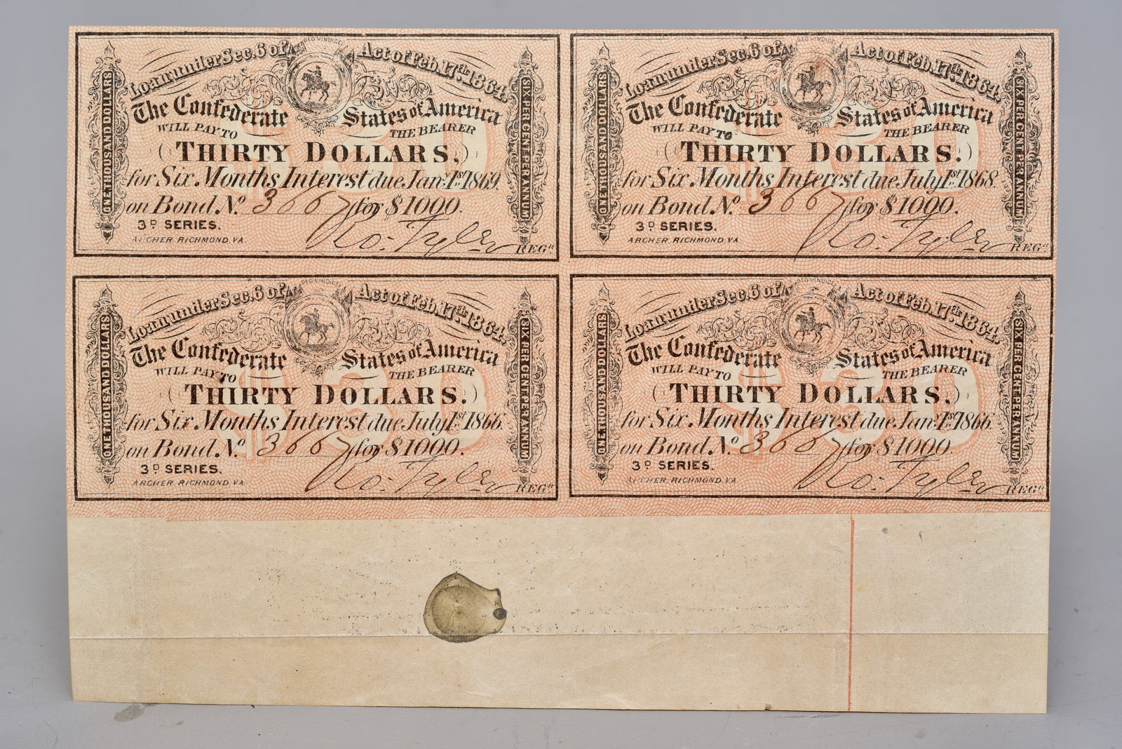 Sheet of Four Confederate States of America $30 Bond Interest Coupons (1 of 3)