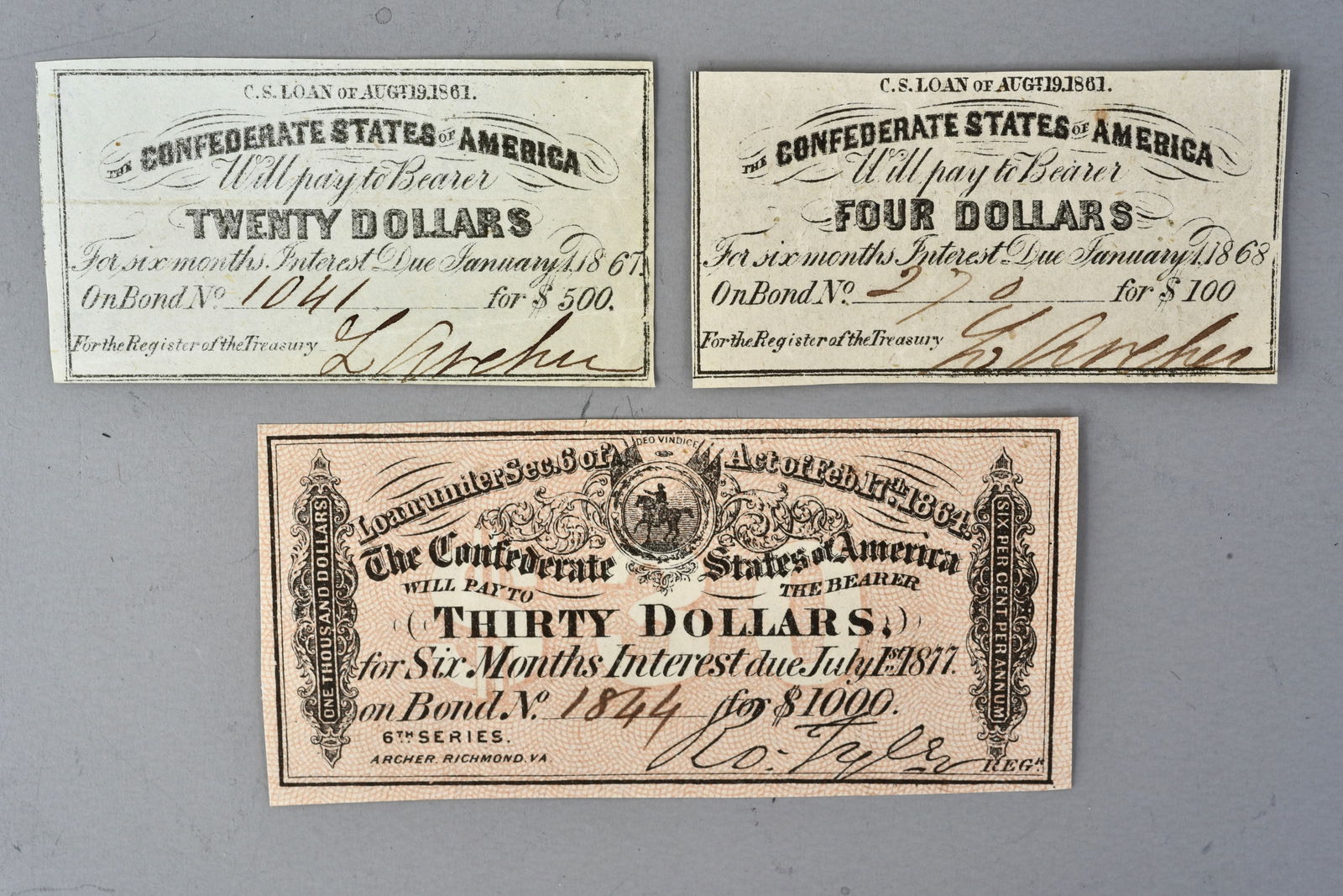 Group of Three Confederate States of America Bond Interest Coupons – $30, $20 & $4 (1 of 2)