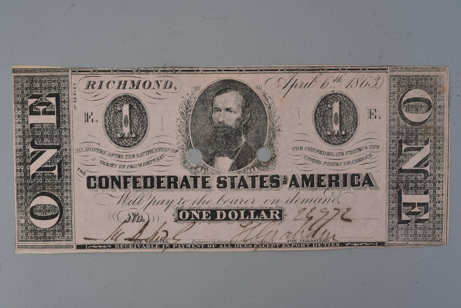 Confederate States of America $1 Note T-62 April 6, 1863 Clement C. Clay Portrait (1 of 5)