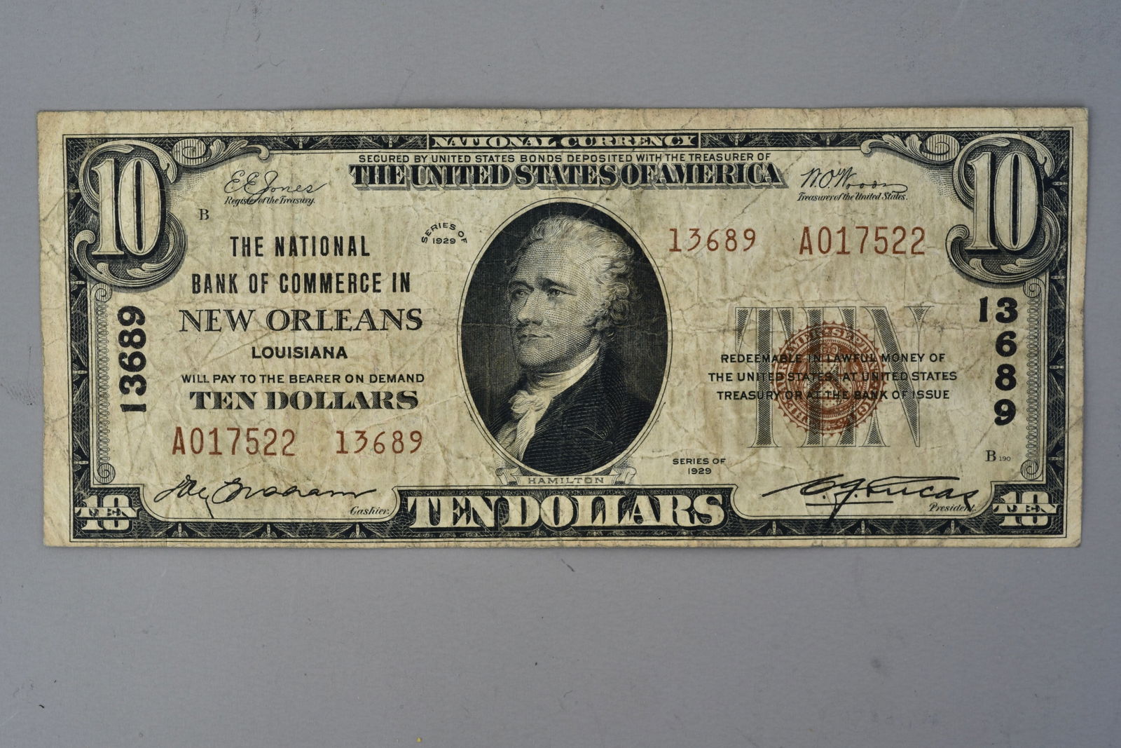 1929 $10 National Currency – National Bank of Commerce, New Orleans LA – Brown Seal: Original U.S. National Currency $10 note issued by The National Bank of Commerce in New Orleans, Louisiana, Series of 1929, Type 1. Charter number 13689, brown Treasury seal and brown serial numbers,