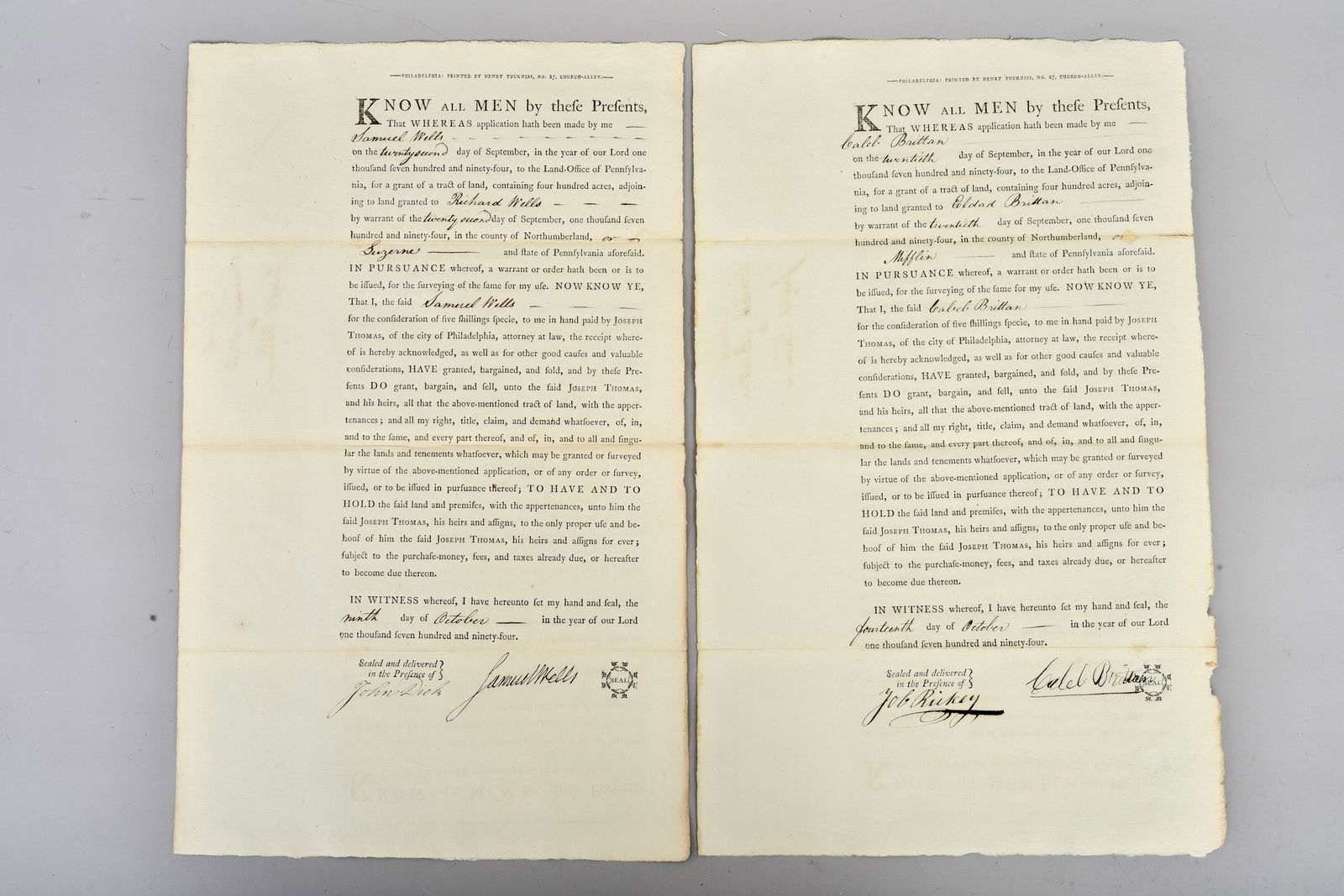 Two Pennsylvania Land Transfer Documents Dated 1794 (1 of 6)