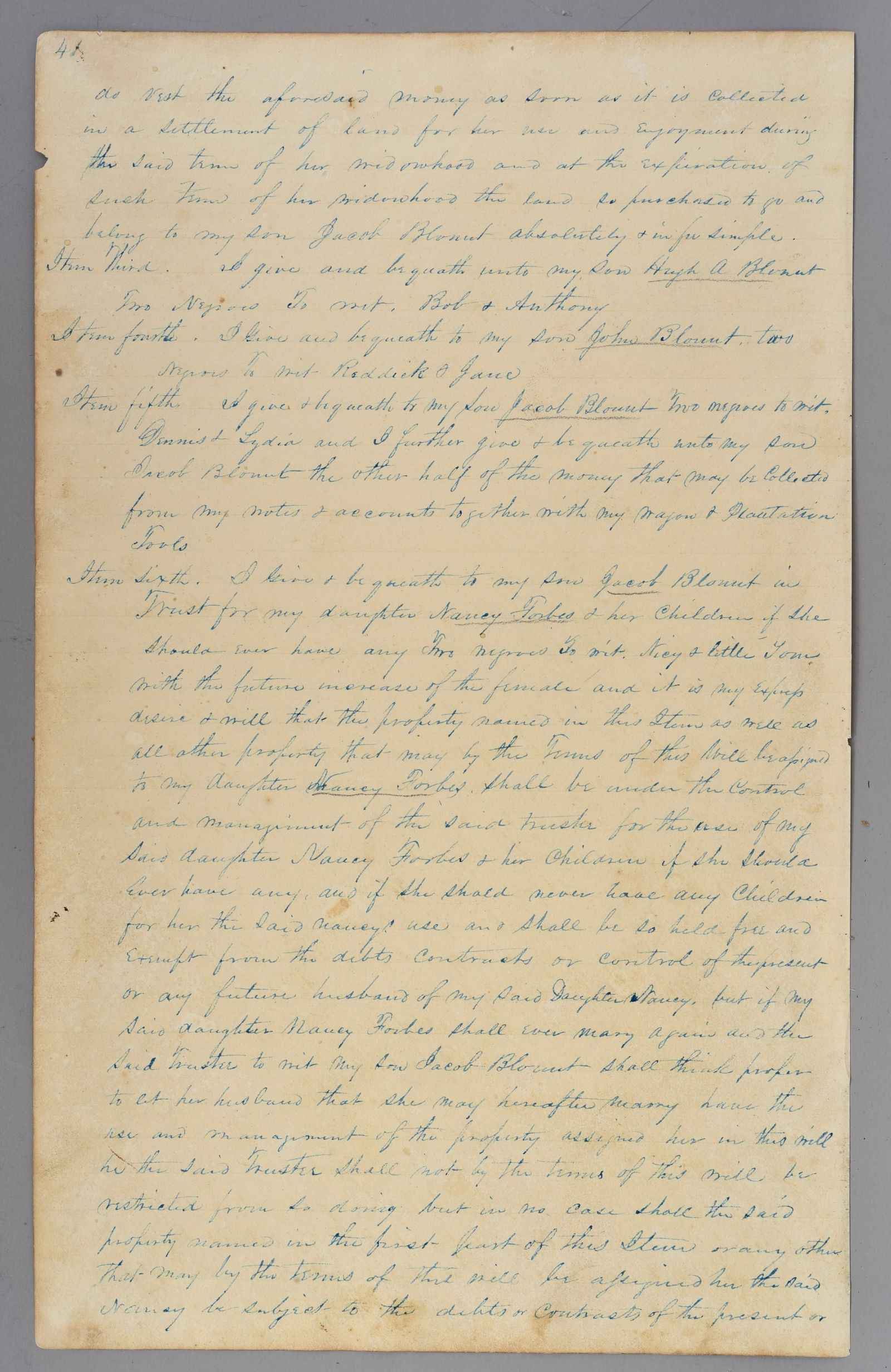 1842 Last Will and Testament Bequeathing Slaves: 1842 Territory of Florida Baldwin County Last Will And Testament Of Phillip Blount Deceased [INCOMPLETE][SIX BEQUESTS INCLUDING] I PHILLIP BLOUNT a Citizen of The County of Baldwin and The Territory o