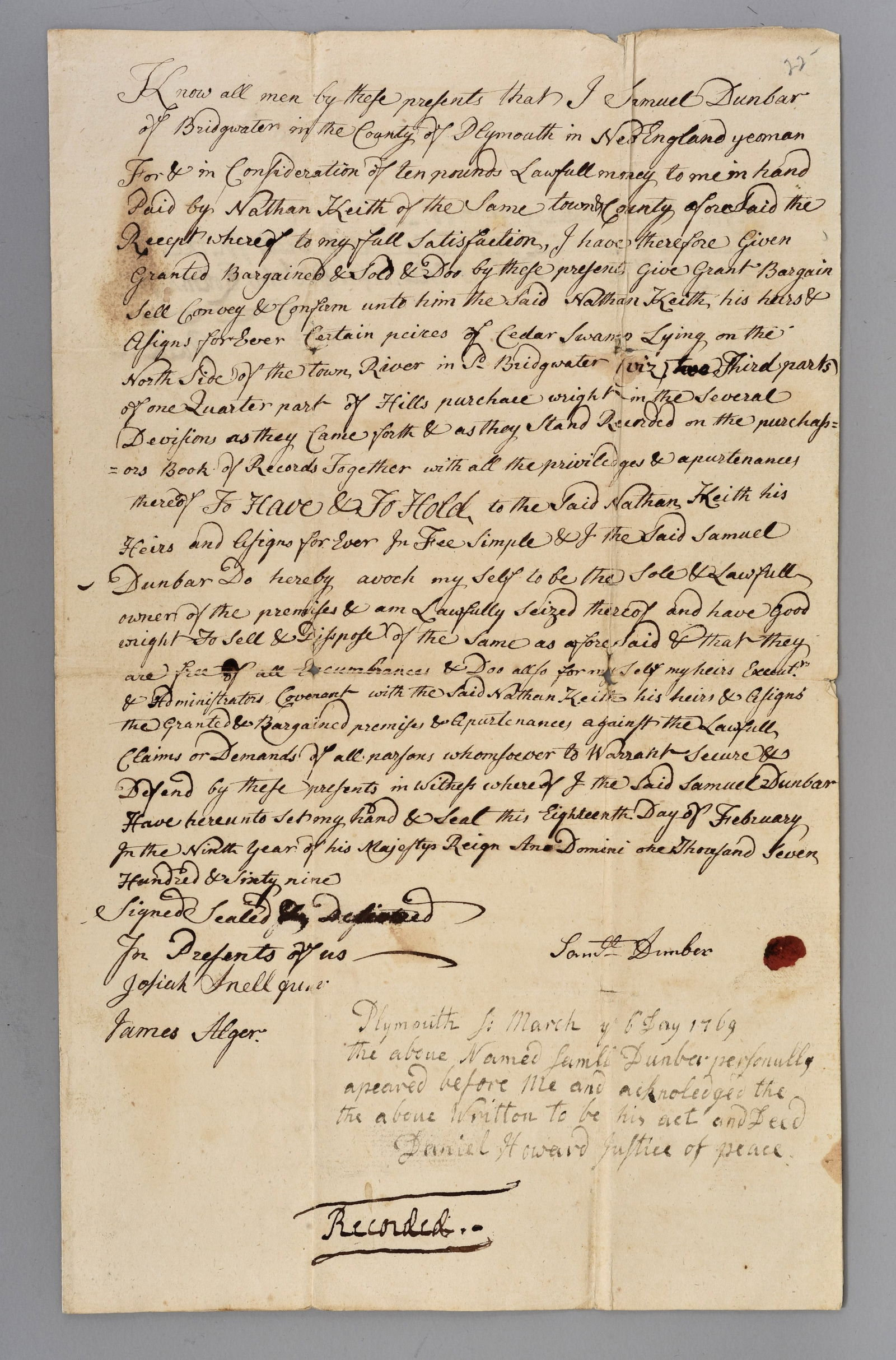 1769 Colonial Land Transfer Deed (Bridgewater, MA) (1 of 9)