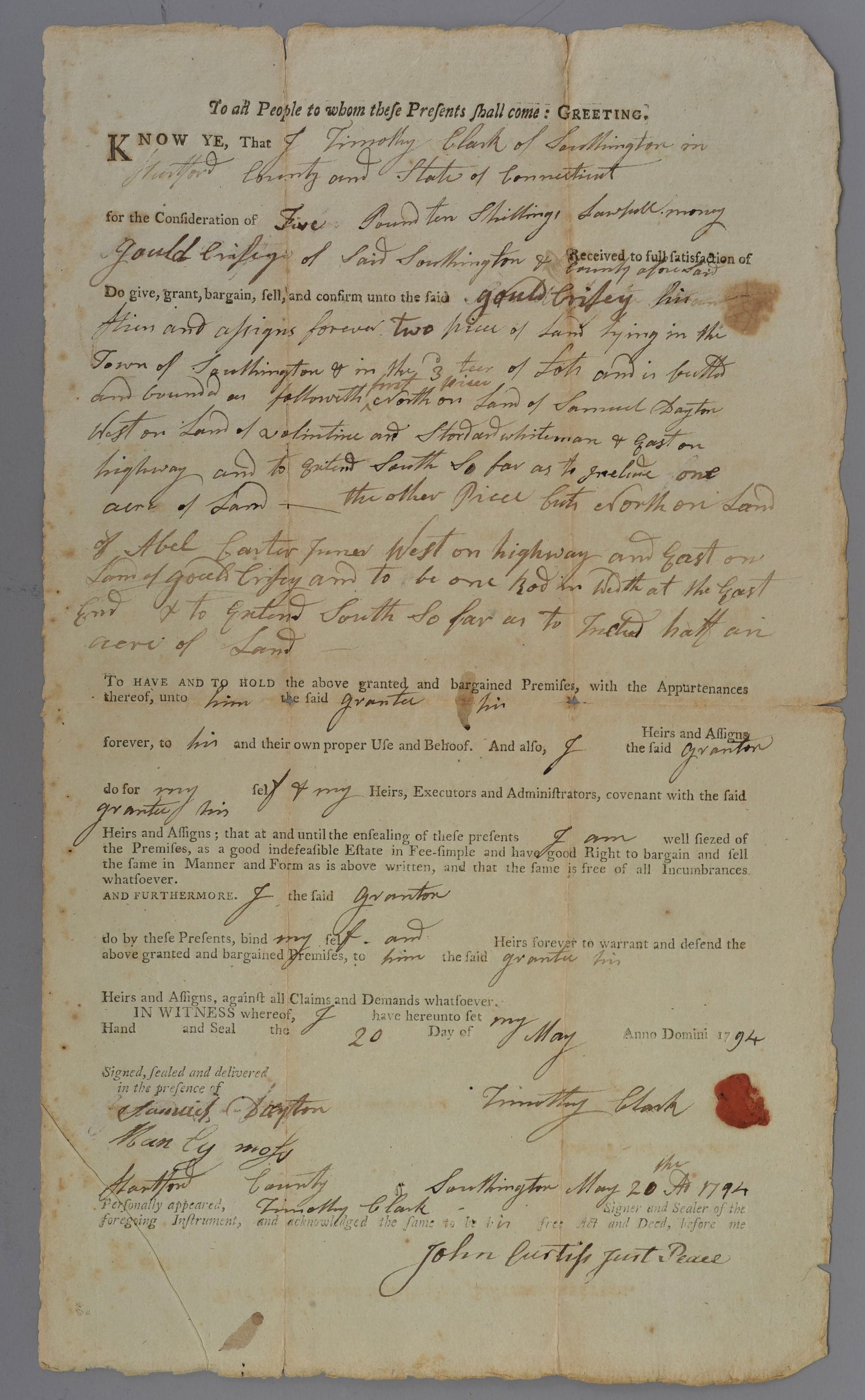 1794 Connecticut Recorded Land Deed (1 of 7)