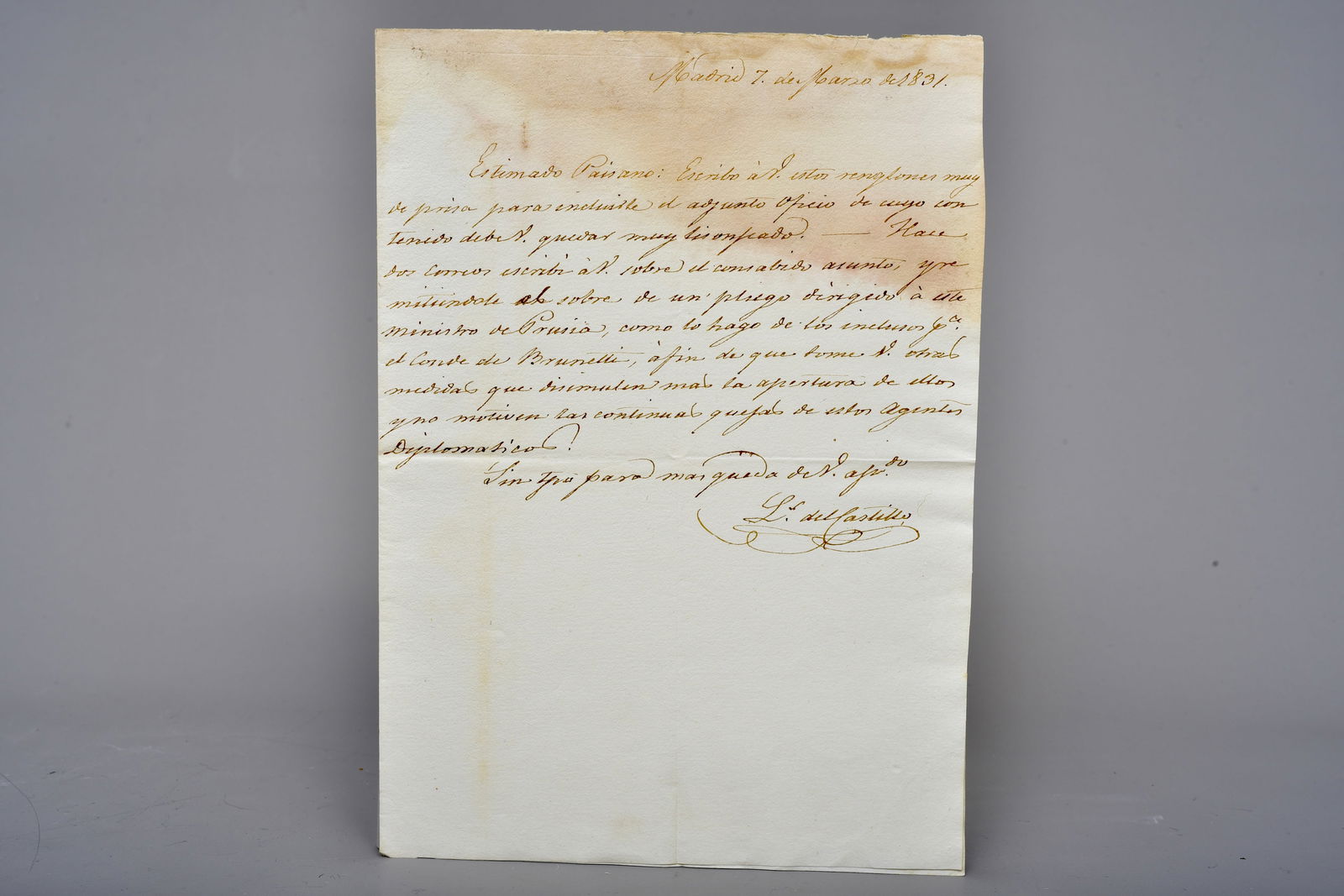 1831 Madrid Government Letter Luis del Castillo, Official Mayor of the First Secretary of State (1 of 5)