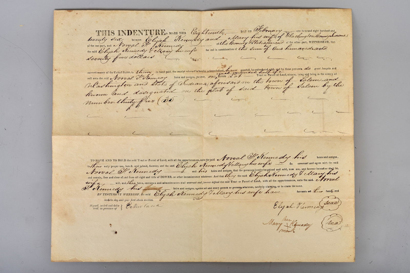 1826 Salem, NY Land Indenture Signed Elijah Kennedy (1 of 11)