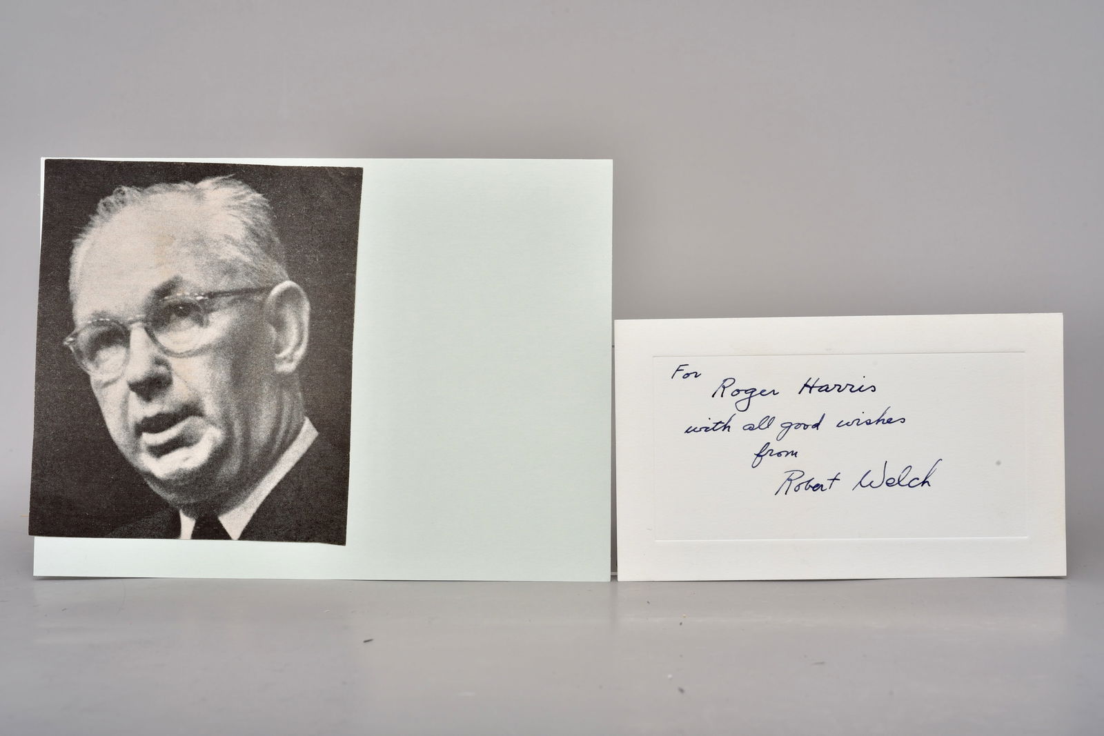 Robert Welch, John Birch Society Founder Signature: Robert Welch (1899–1985) was the founder of the John Birch Society, established in 1958, and a prominent figure in mid-20th century American conservative political movements. Signed and inscribed ca