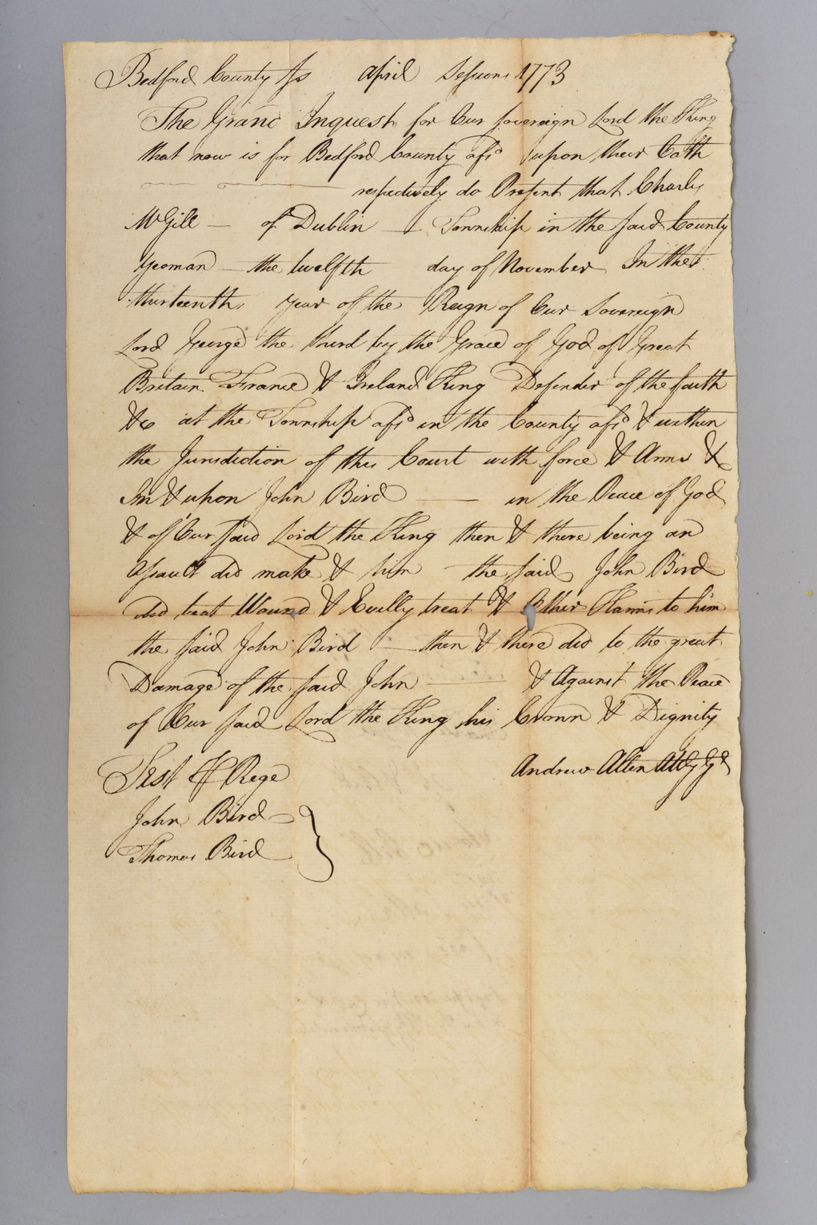 1773 Colonial Court Indictment The King vs. McGile, Signed by Attorney General Andrew Allen (1 of 8)