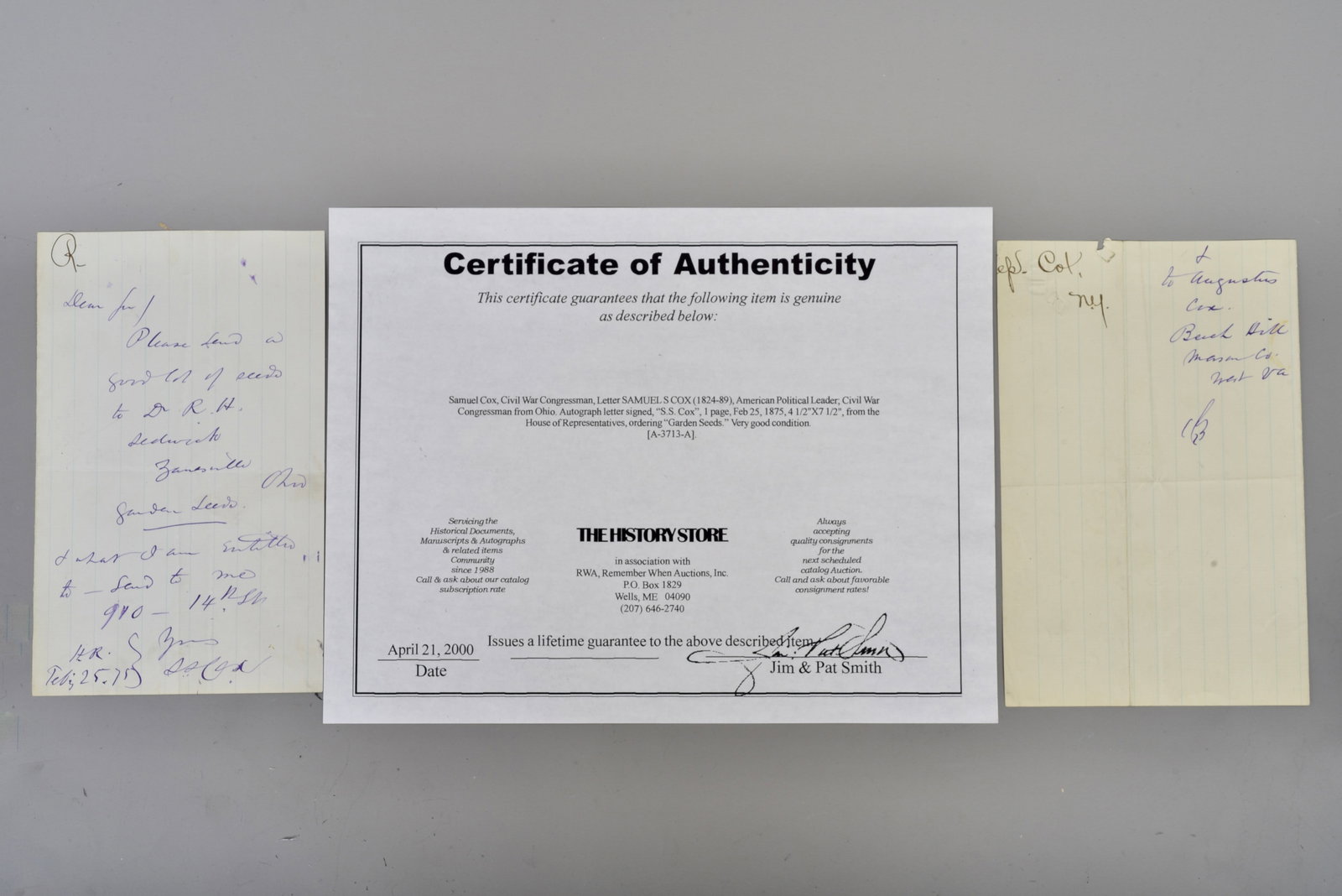 Samuel Cox Letter dated 1875 with COA: Letter SAMUEL S COX (1824-89), Civil War Congressman, American Political Leader; Civil War Congressman from Ohio. Autograph letter signed, "S.S. Cox", Feb 25, 1875, from the House of Representatives,