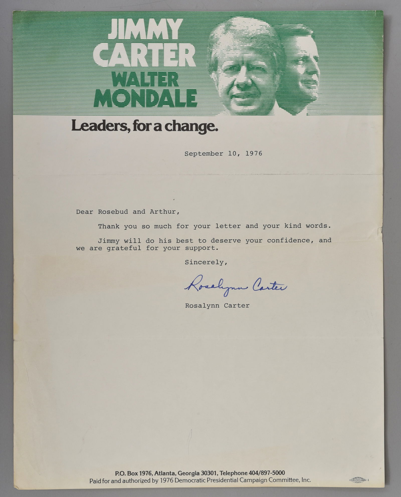 Signed Rosalyn Carter Letter Dated 1976: Letter signed by Roselynn Carter on Jimmy Carter / Walter Mondale letterhead dated September 10, 1976. ALL SHIPPING FOR THIS AUCTION WILL BE HANDLED BY UPS. ALL DOCUMENTS WILL BE PACKAGED IN A NON-BEN