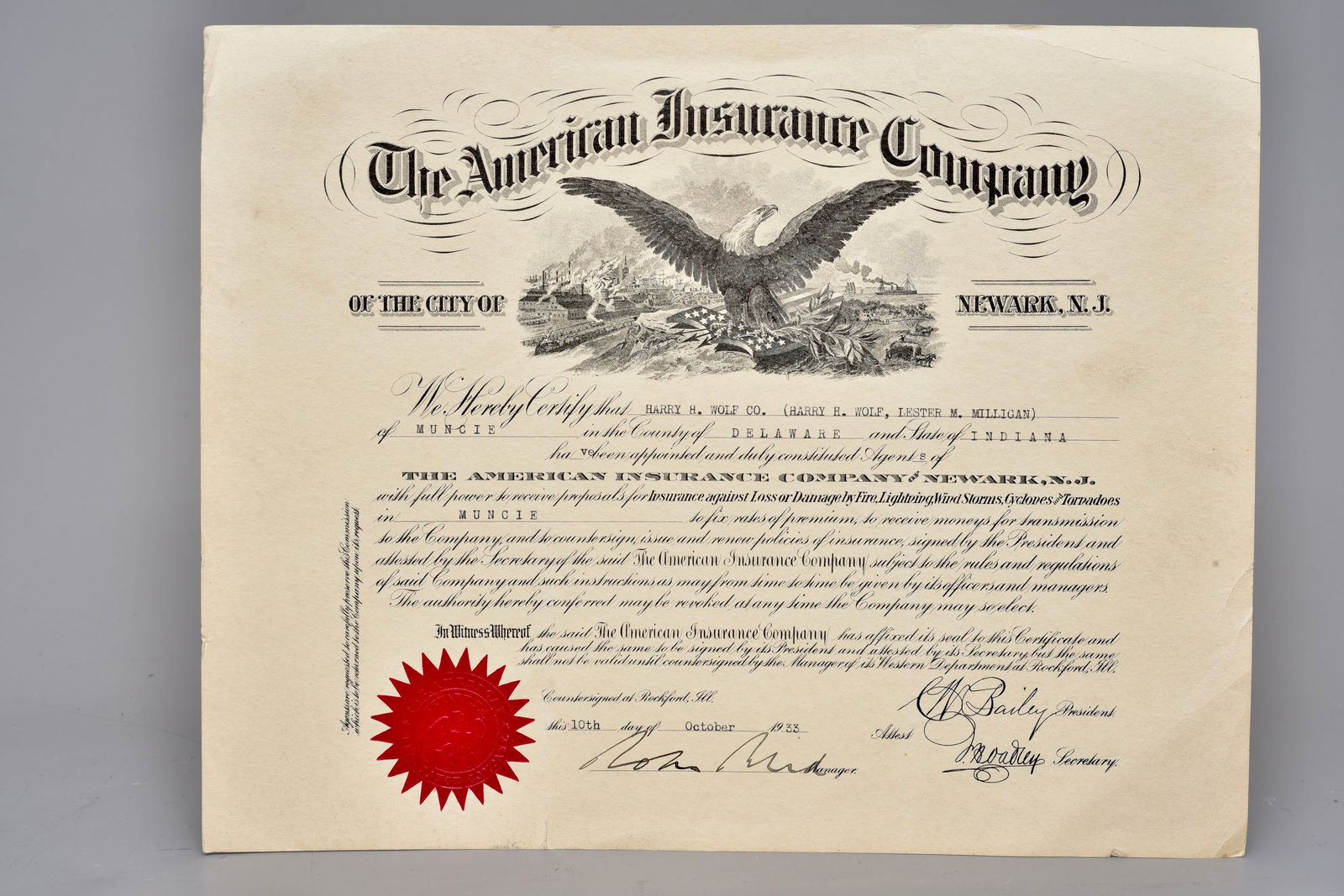 1933 American Insurance Company Newark NJ Agent Appointment Certificate (1 of 5)
