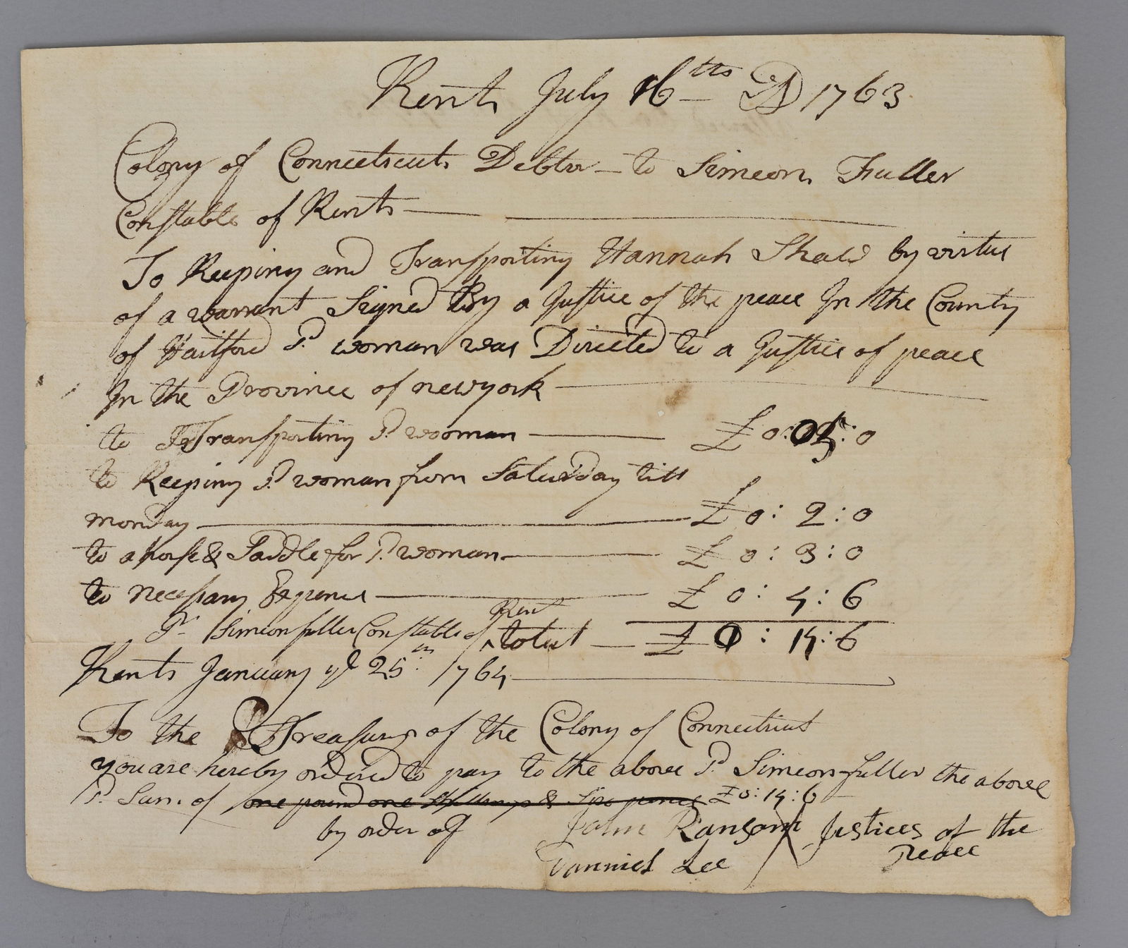1763 Colonial Connecticut Constable Expense Account to Transport Female Prisoner to NY (1 of 7)