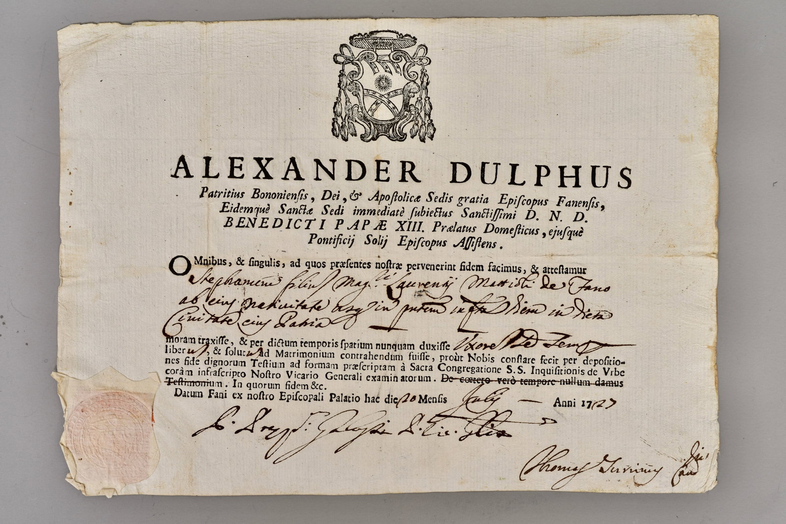 1727 Italian Catholic Marriage Dispensation Bishop of Faenza under Pope Benedict XIII (1 of 5)
