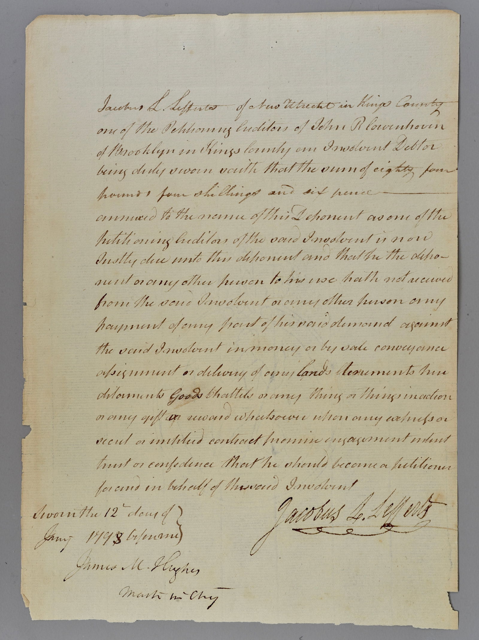 1798 Brooklyn NY Insolvency Affidavit Signed by Jacobus L. Lefferts (Founding Brooklyn Family) (1 of 4)