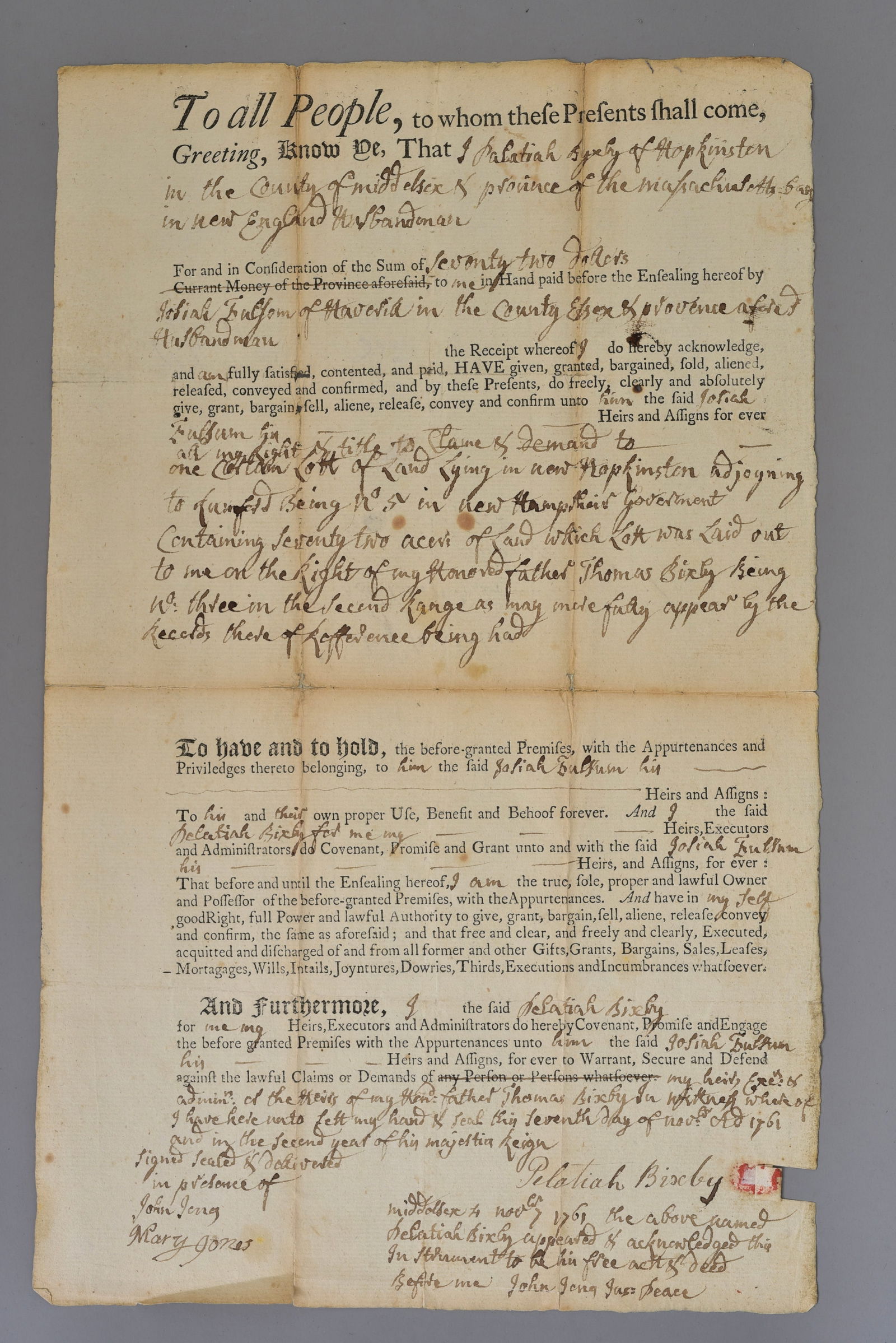 Middlesex County Colonial Massachusetts Bay Deed Recorded 1765 (1 of 6)