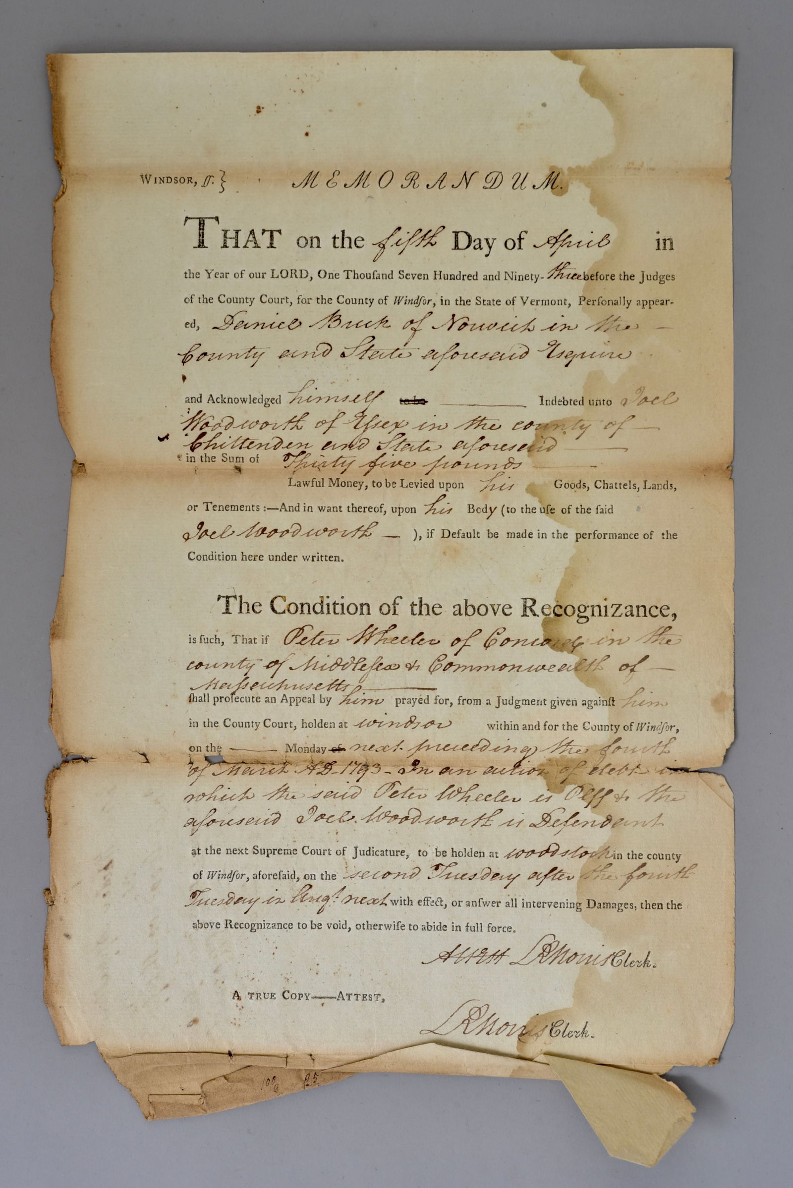 1793 Windsor County, Vermont Court Recognizance – Daniel Beebe of Norwich (1 of 6)