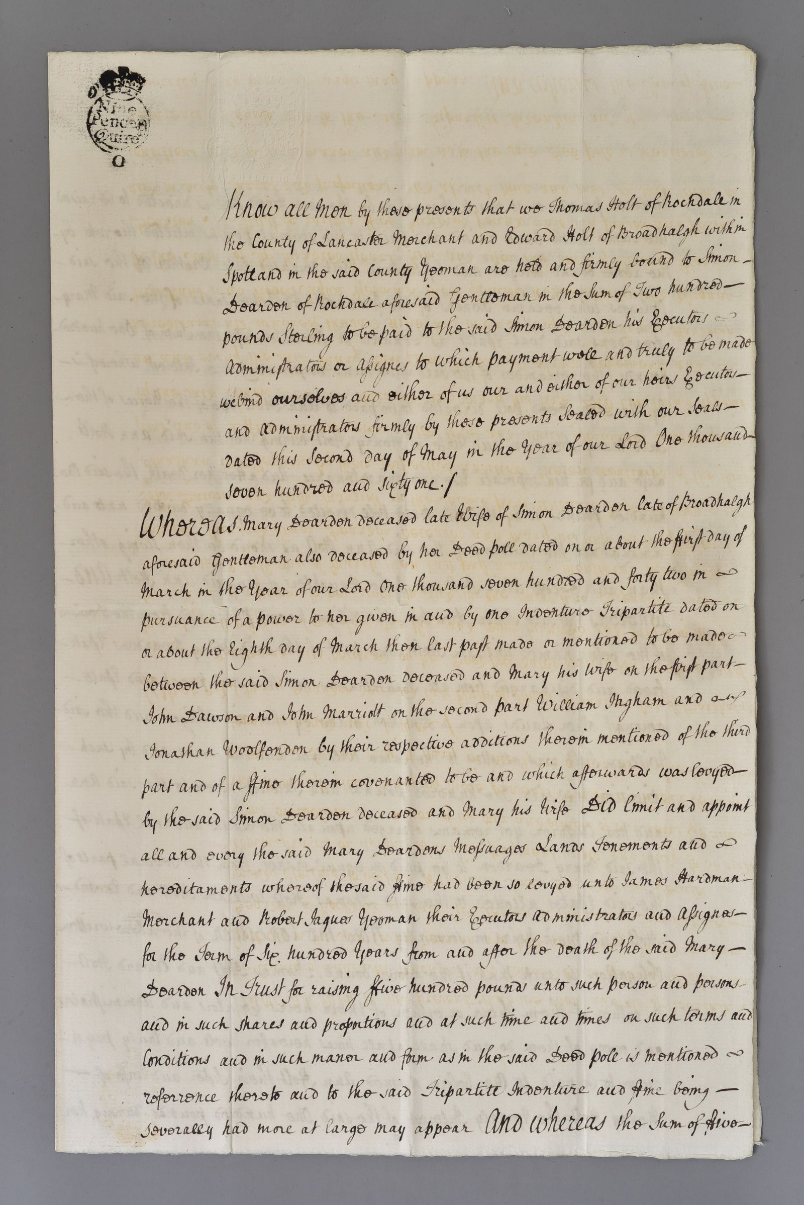 1751 English Legal Bond Indenture Holt Family, Wax Seals (1 of 9)