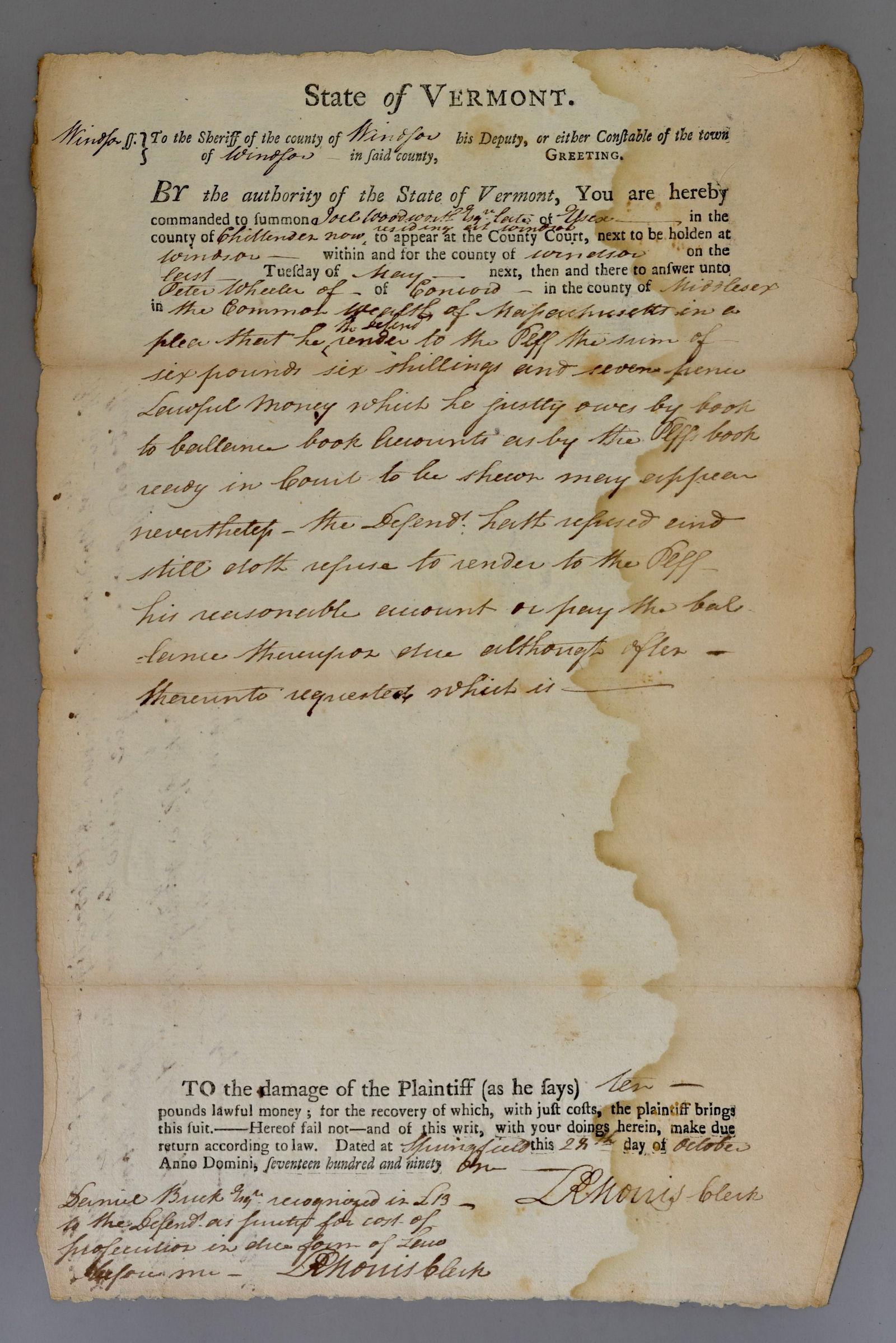 1790 Vermont Court Summons–Windsor County Legal Manuscript–Early State Document (1 of 6)
