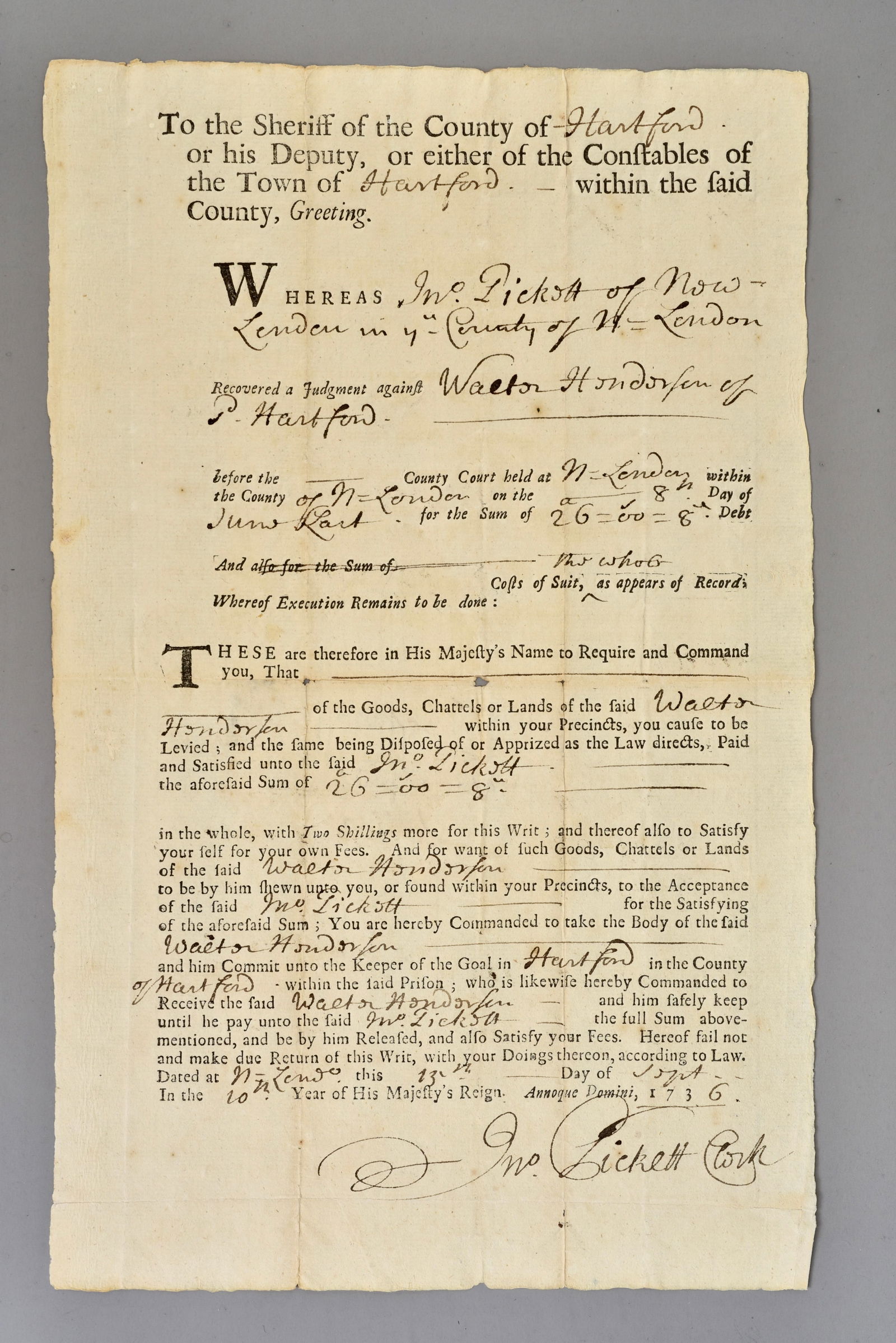 1736 Colonial Connecticut Execution Writ Hartford County Court–King George II Period Legal (1 of 6)
