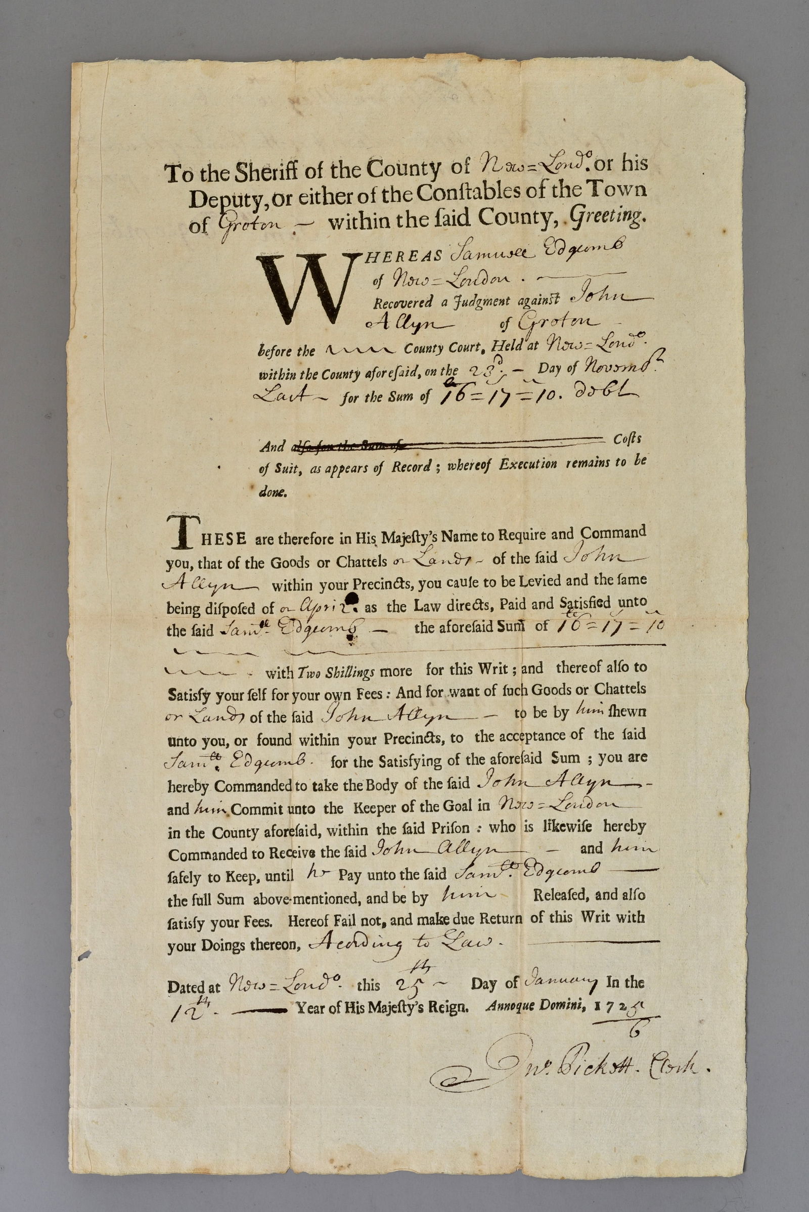1725 Colonial Connecticut Sheriff’s Execution Writ, New London County Court (1 of 7)