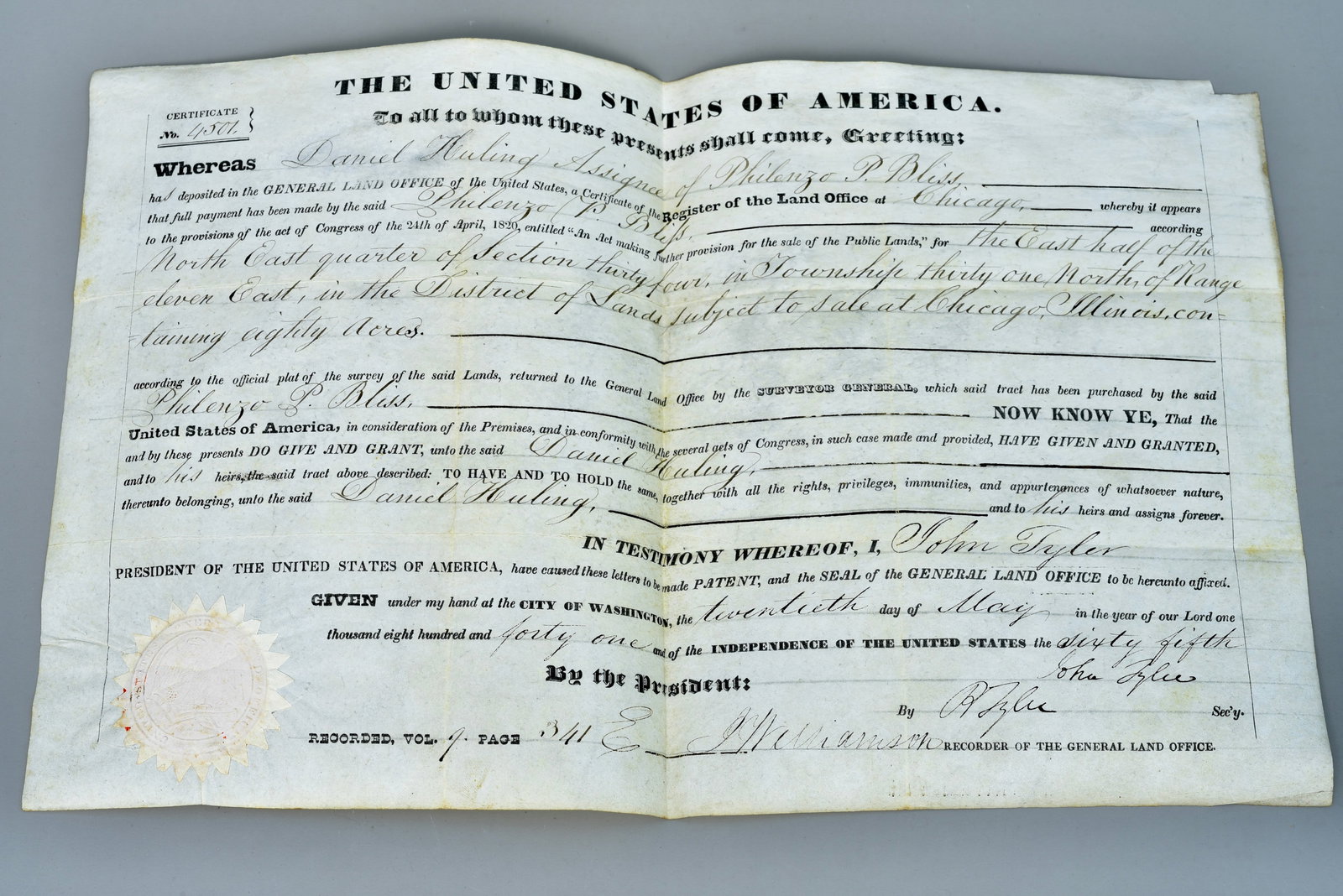 1842 President John Tyler Signed U.S. Land Patent (1 of 11)