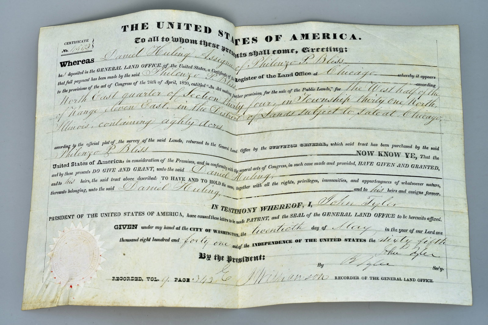 1841 President John Tyler Signed U.S. Land Patent (1 of 9)