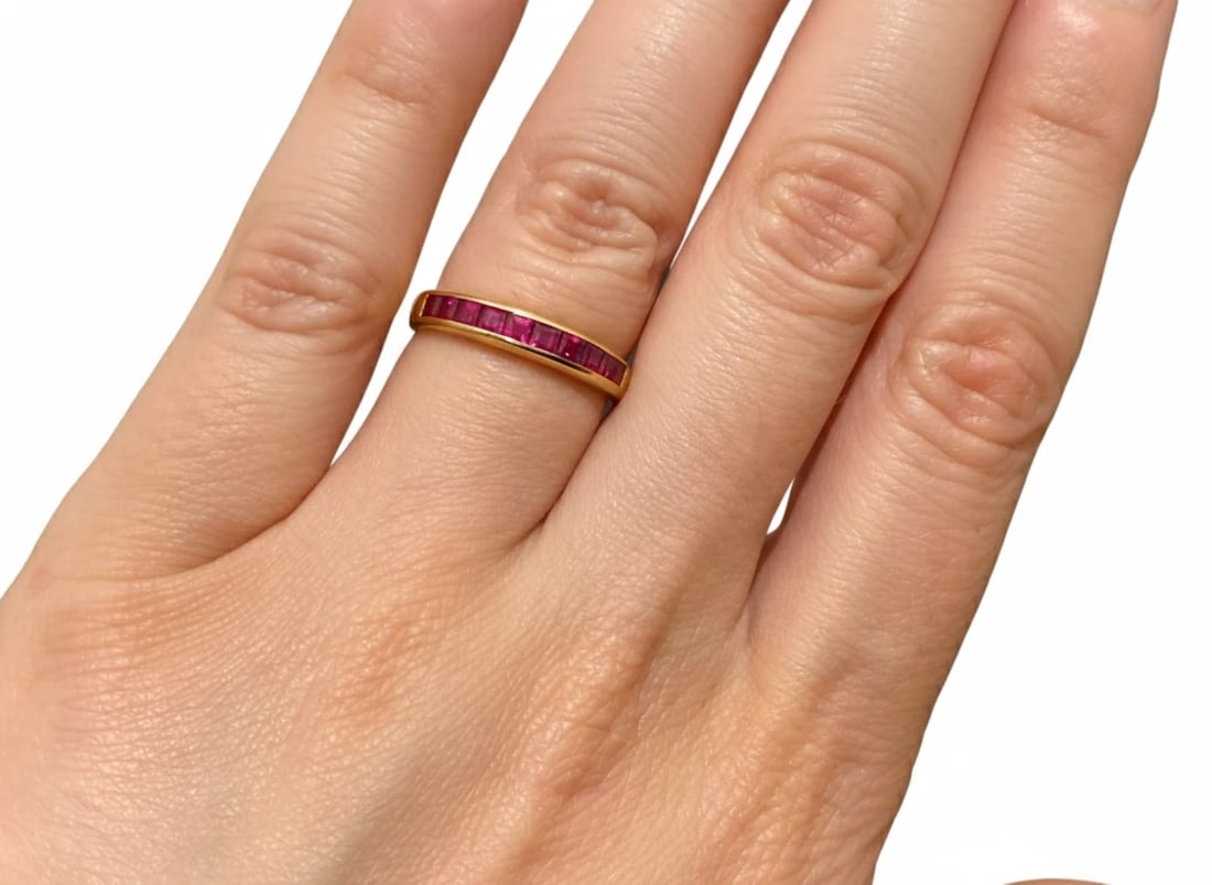 Tiffany & Co. 18K Yellow Gold Half Circle Ruby Wedding Band Ring: Condition: Like New Brand: Tiffany & Co. Material: 18K Yellow Gold GemStone: Ruby Width: 4 mm Size: 7 Weight: 3.2 grams
