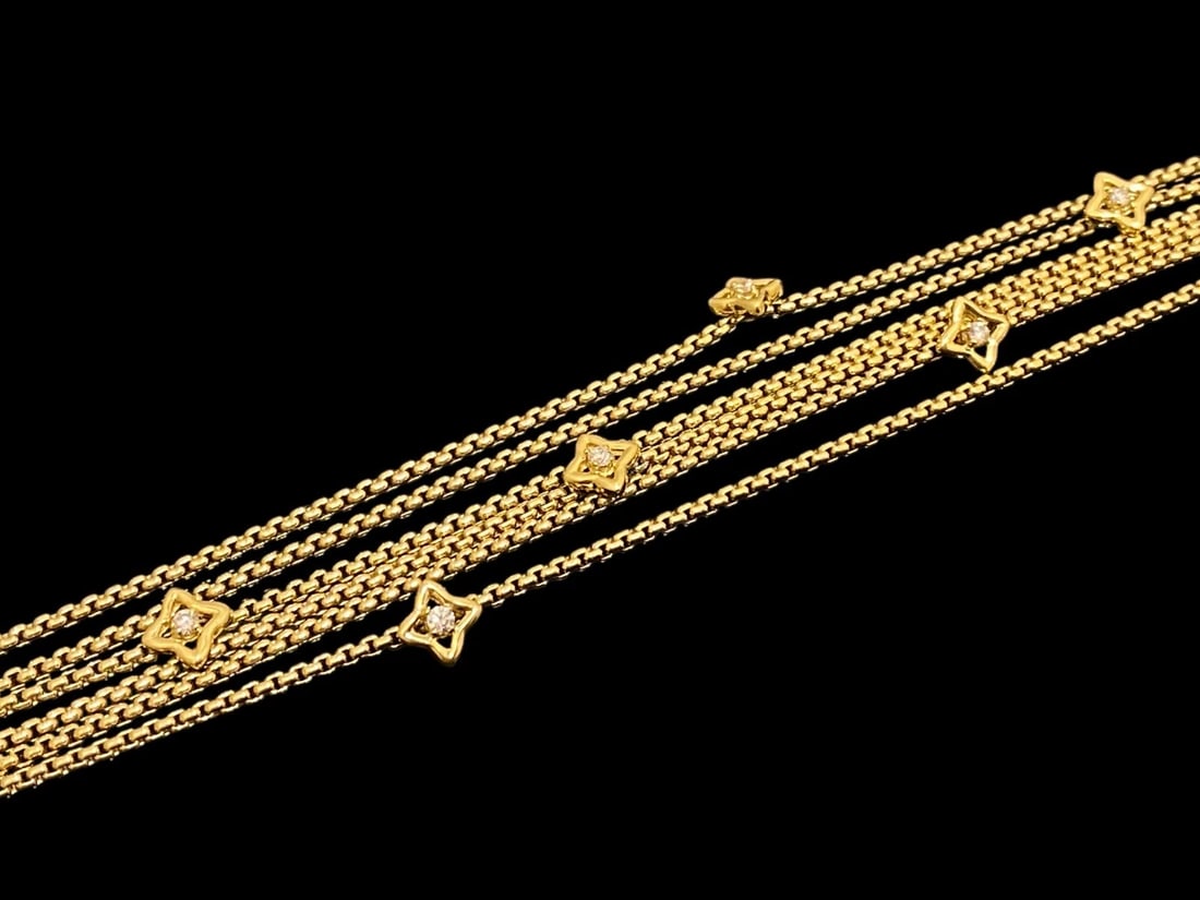 David Yurman 18K Yellow Gold and Diamond 6 Strands Stations Bracelet: Condition: Excellent Brand: David Yurman Metal: 18K Yellow Gold GemStone: Diamonds Diamond Count: 6 Hallmarks: DY 750 Length: 6.5 inches Width: 11 mm Total Weight: 25.3 grams