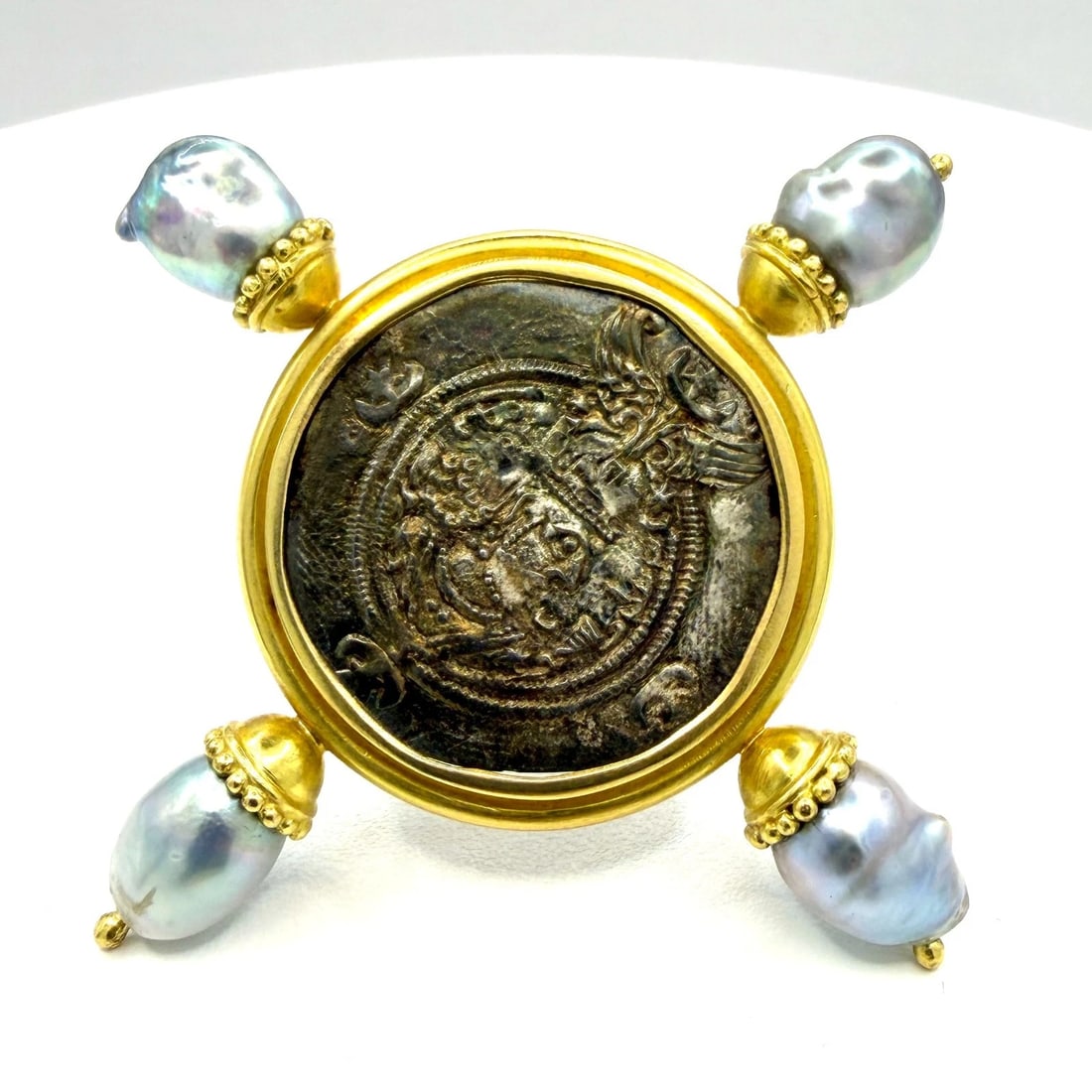 Elizabeth Locke 18k Gold Frame Silver Sasanian Roman Coin Sea Pearl PinBrooch: Designer: Elizabeth Locke Materials: Silver Sasanian coin, 18k yellow gold frame, and Baroque South Sea pearls Coin Details: The central hand-hammered coin dates to circa 300 AD and depicts Xusro I. P