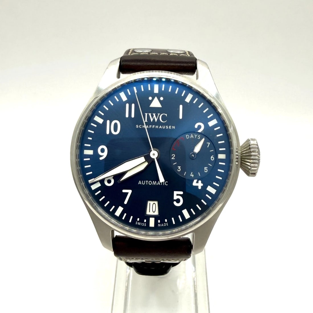 IWC Big Pilot Le Petit Prince 5009 Steel 7 Day Blue Dial 46mm Automatic Watch: Brand: IWC Schaffhausen Model: Big Pilot's Watch Edition "Le Petit Prince" Model SN: 62XXXXXX Case Material: Stainless Steel (Light dent by 1:00-2:00 o'clock, Please see photos) Case Size: 46.2 mm dia
