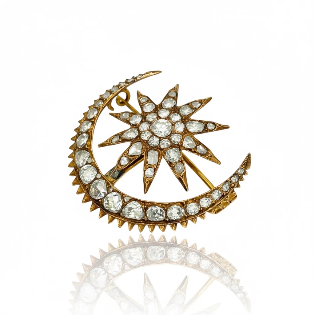 Antique 18k Rose Gold, Apx 5 Carats Rose-cut Diamonds Star & Crescent Pin Brooch: Condition: Gently preowned, Great, Antique Brand: Unbranded. Material: 18K Rose Gold. Gemstone: Rose-cut Diamonds Diamond Count: 52. Total carat Weight: Apx 5 Carat. Pin Brooch Dimensions: 40 mm in Di