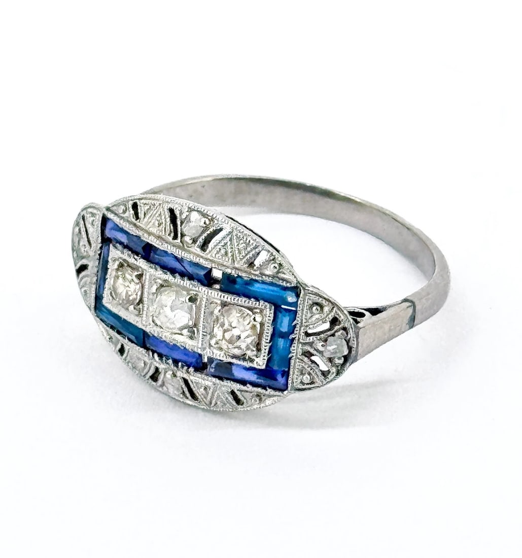 Art Deco Diamond & Sapphire Antique Fashion Ring Palladium 10K Size 3.25 (#147): Art Deco Diamond & Sapphire Antique Fashion Ring Palladium & 10K Gold Item: Ring Brand: Unbranded. Material: Palladium and 10K White Gold. Gemstone: Blue Sapphire and Old miner Diamonds. Diamond Count
