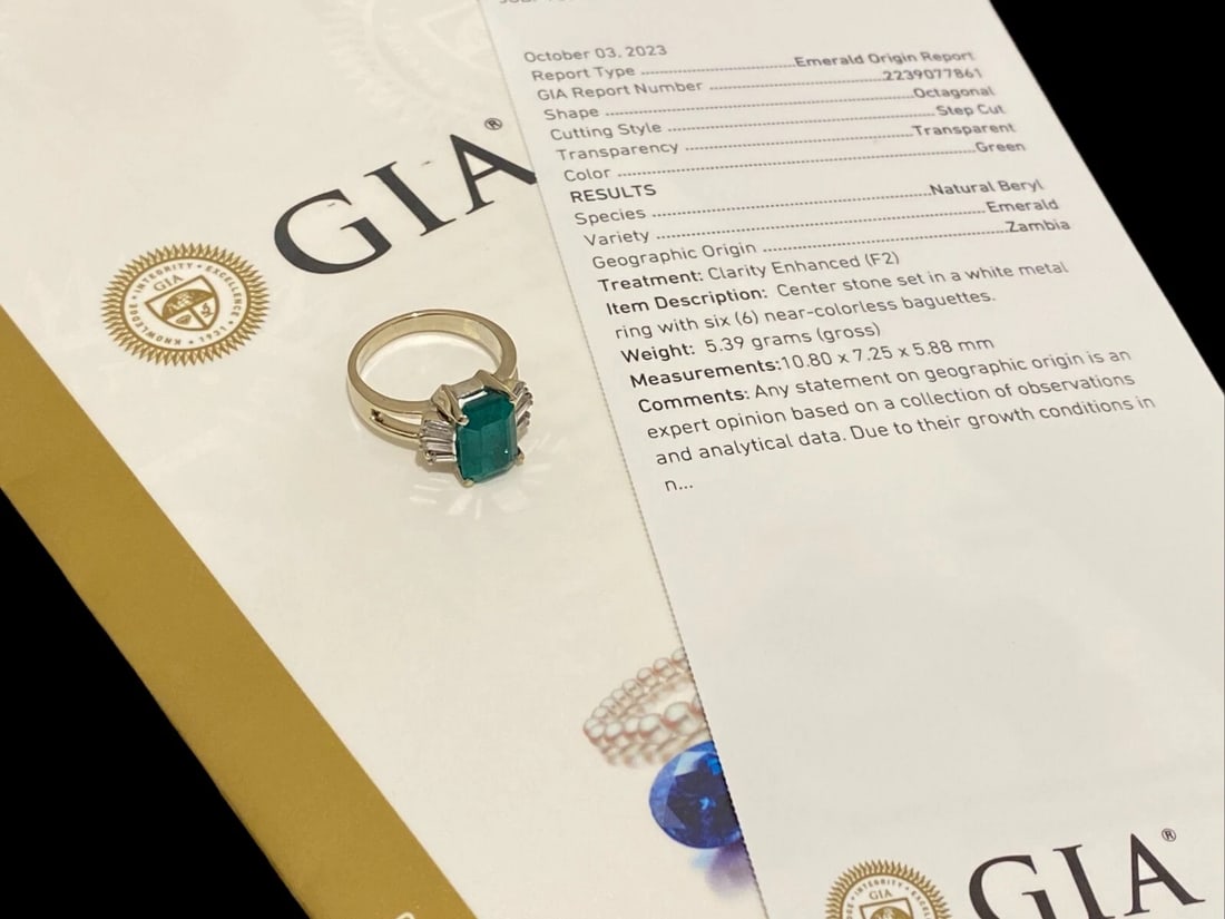 Magnificent Natural Emerald & Baguette Diamond 14k Gold Ring GIA Report: GIA report Number: 2239077861 (Please see the photo) Emerald Shape: Octagonal Cutting Style: Step-cut Treatment: Clarity Enhanced (F2) Stone Measurements: 10.80 x 7.25 x 5.88 mm Species: Natural Beryl