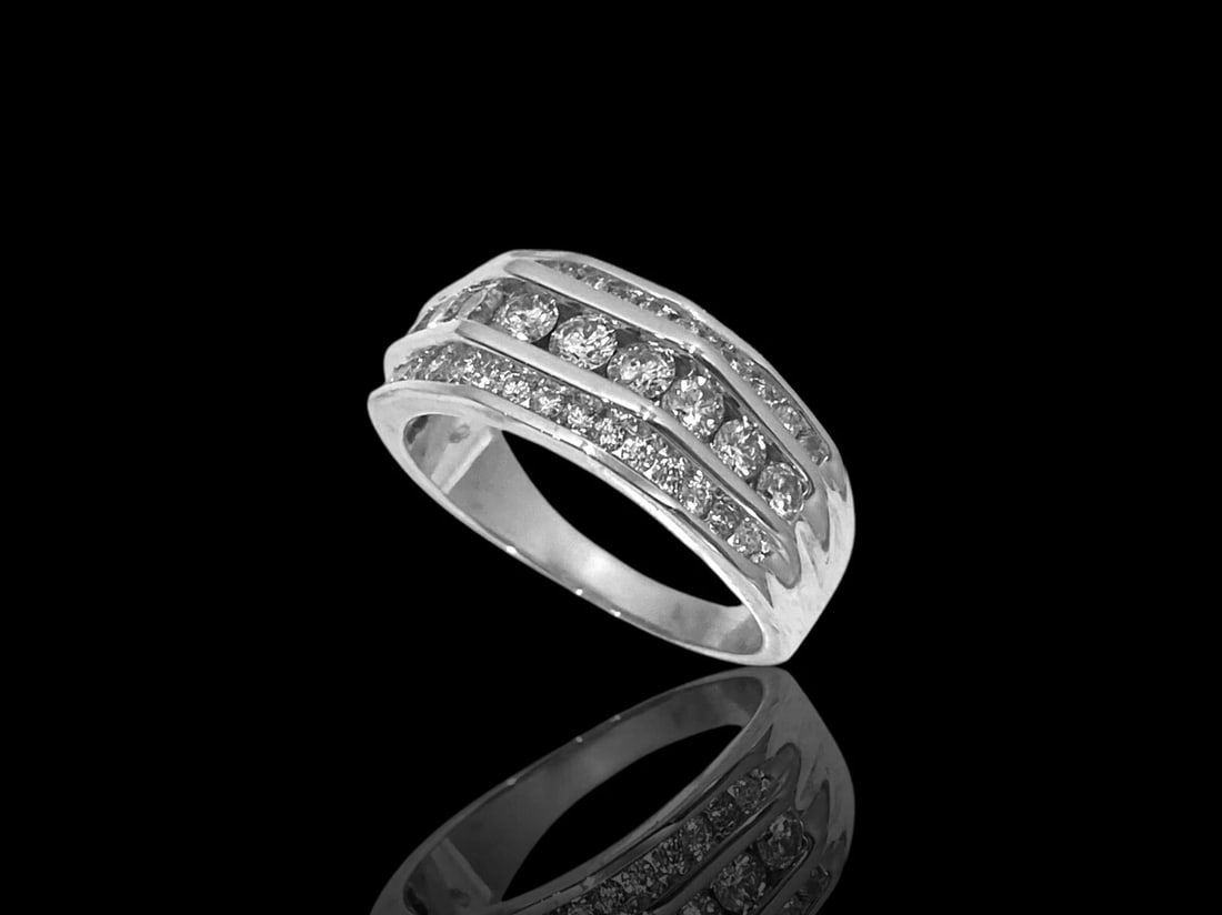 10K White Gold 1.5 Tcw Natural Diamond Accent Three Row Wedding Anniversary Band: Condition: Excellent, Pre-owned, professionally Polished Brand: Unbranded. Metal: 10k White Gold. GemStone: Natural Round Brilliant-cut Diamonds Round Diamond: 30 Side and 9 Center Stones. Diamond Car