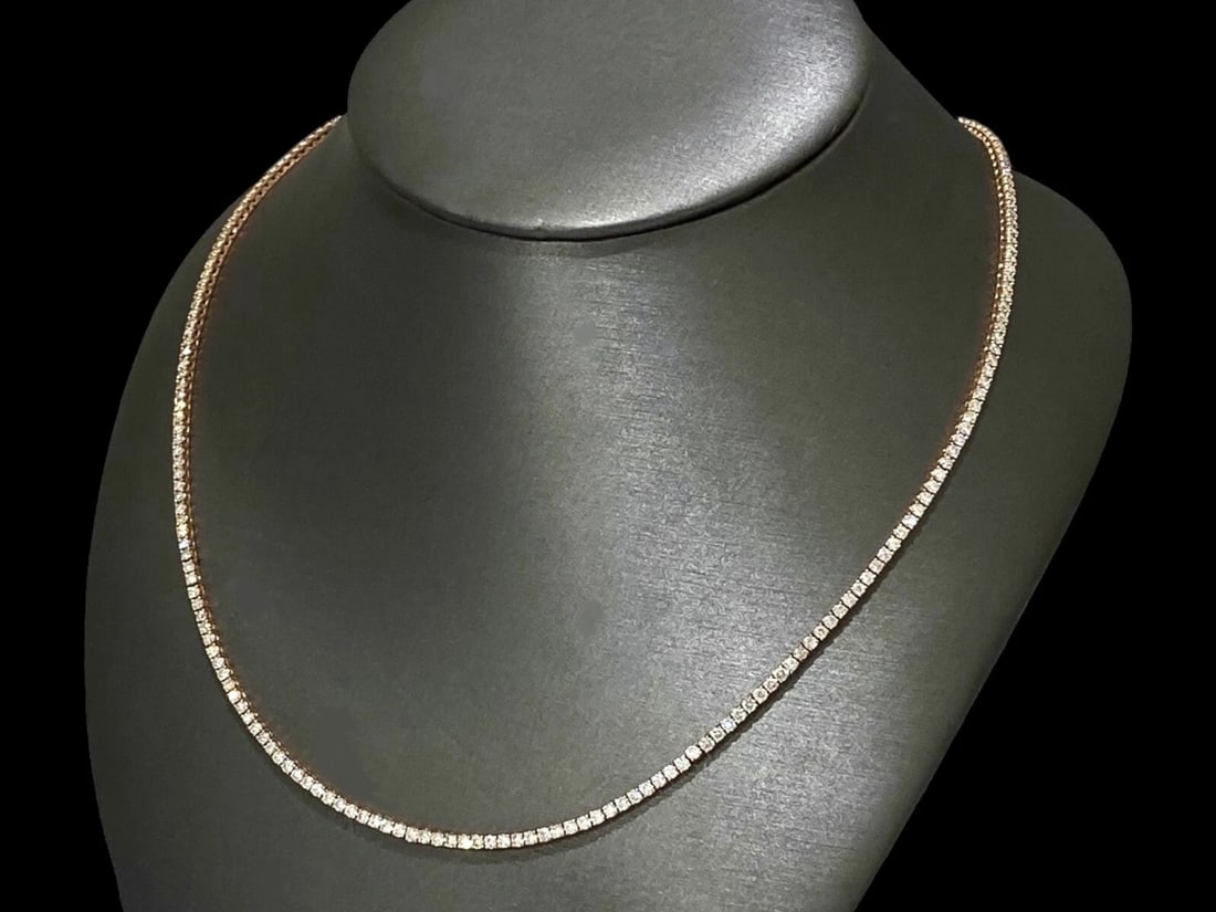 Over 8.0 Carats Natural Diamond Tennis Necklace VS2-SI1, G-H 14K Rose Gold 20.5": 100% Natural Diamonds, Not Enhanced in any way Round Cut Diamond Tennis Necklace in 14K Rose Gold Diamonds: Over 8 TCW. (each stone measures 2.2mm which is 0.040ct) Diamond count: 210 Natural Round Br