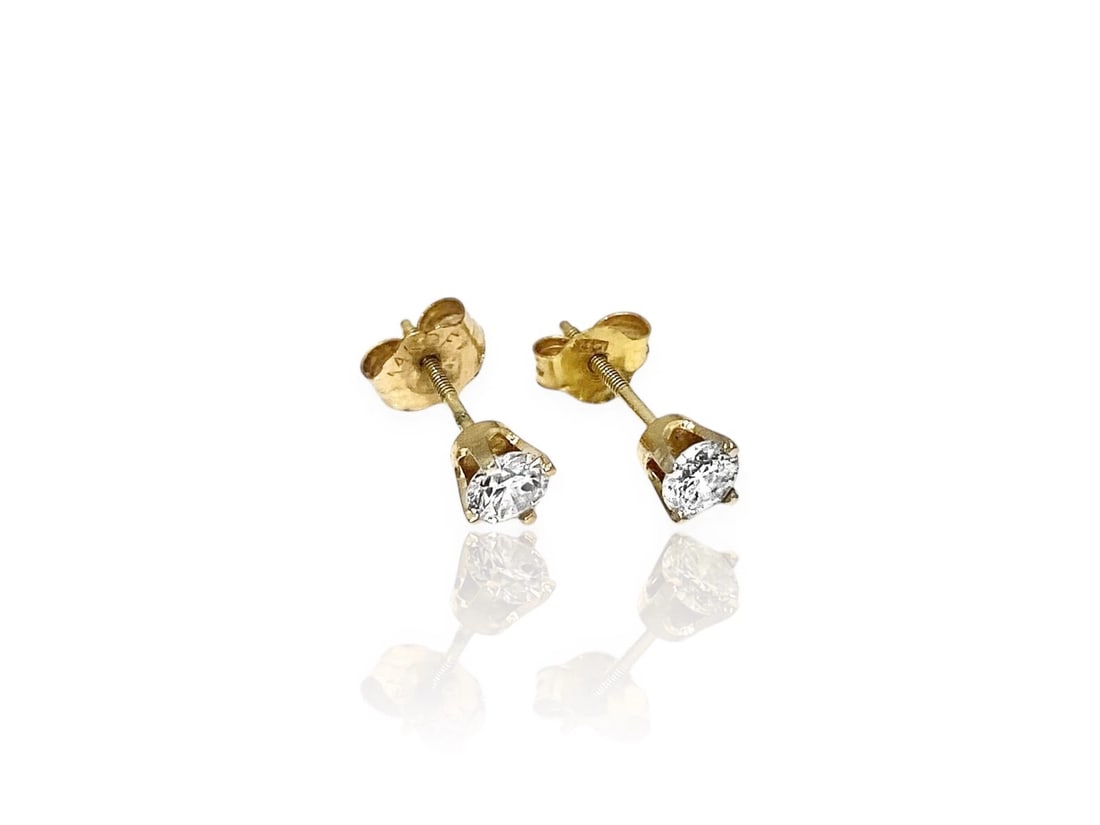 Natural Diamond 0.40 Tcw. Round Pair of Stud Earrings in 14k Yellow Gold: Item: Pair of Diamond Stud Earrings Condition: Good, Cleaned and Polished, Pre Owned Brand: Unbranded. Material: 14K Yellow Gold. Gemstone: Round Brilliant cut Diamond. Diamond Count: 2 (3.7 mm each).
