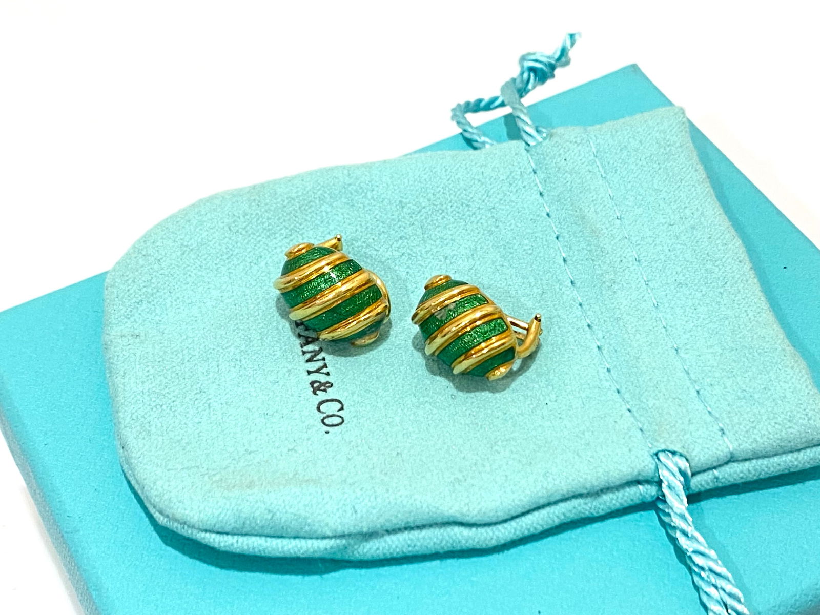 SCHLUMBERGER FOR TIFFANY & CO. 18K Yellow Gold and Enamel 'OLIVE' Earrings: Creator: Jean Schlumberger for Tiffany & Co. Condition: Good Metal: 18k Yellow Gold Stone: Enamel Stamp: " Schlumberger " " Tiffany &Co." "18k" Weight: 12.2 Grams Comes with an original box or pouch.