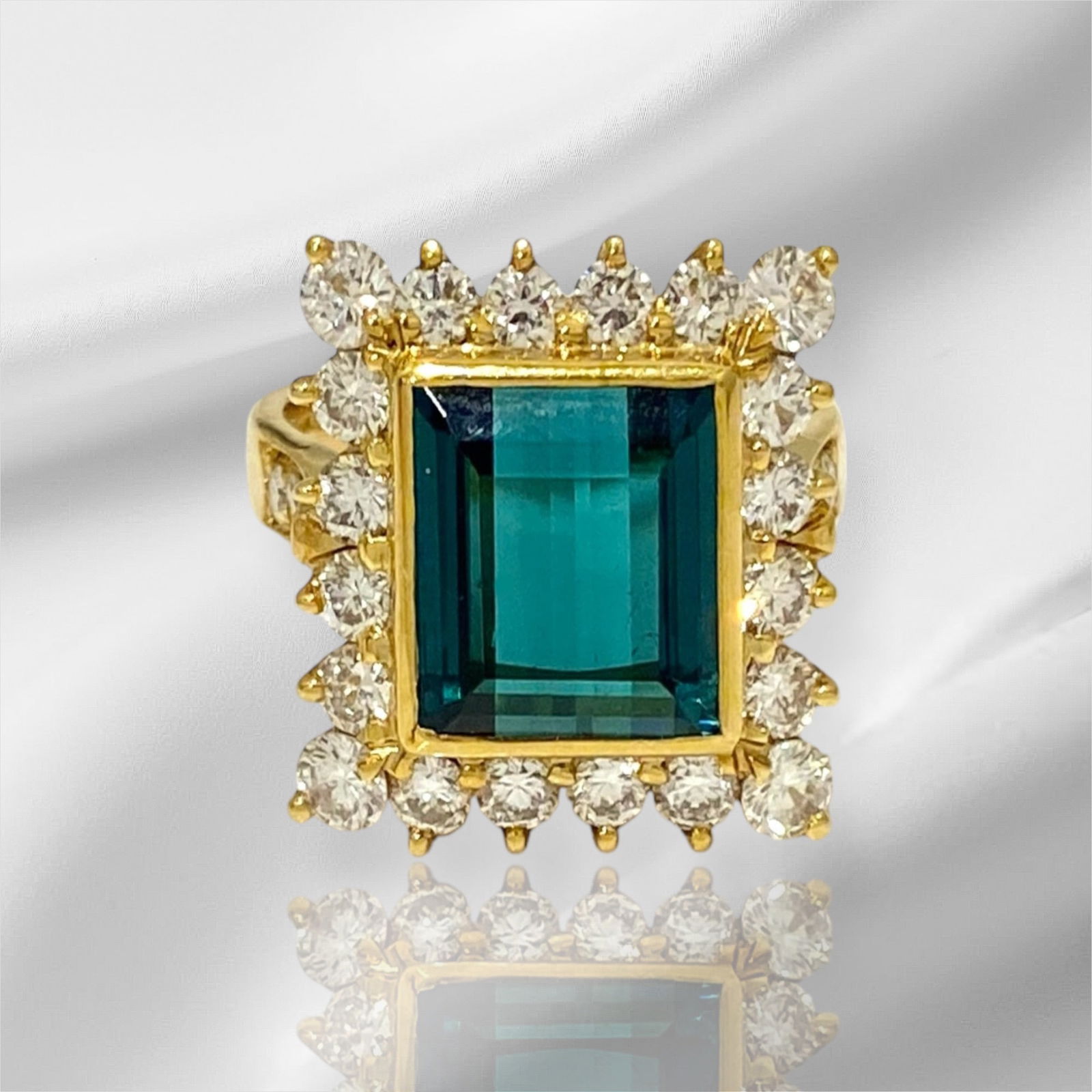 Natural Gem Quality Tourmaline and Diamond Cluster Ring and Earrings Set: Condition: Good. Brand: Unbranded. Material: 18k Yellow Gold. Diamond Total Carat Weight: Apx 5 TCW. Diamond Color and Quality: VS1-VS2; G-H. Tourmaline Carat Weight: Over 12 TCW. Total Gram Weight: 1