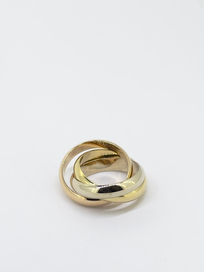 Cartier 18K White Yellow Rose Gold Trinity Rolling Ring 4mm Band: Condition: Like New Brand: Cartier Metal: 18K White Yellow Rose Gold Ring Size: 3.5 Ring is stamped "750 Cartier 50 © 1997 O 6279 W'' Weight: 10.8 grams.