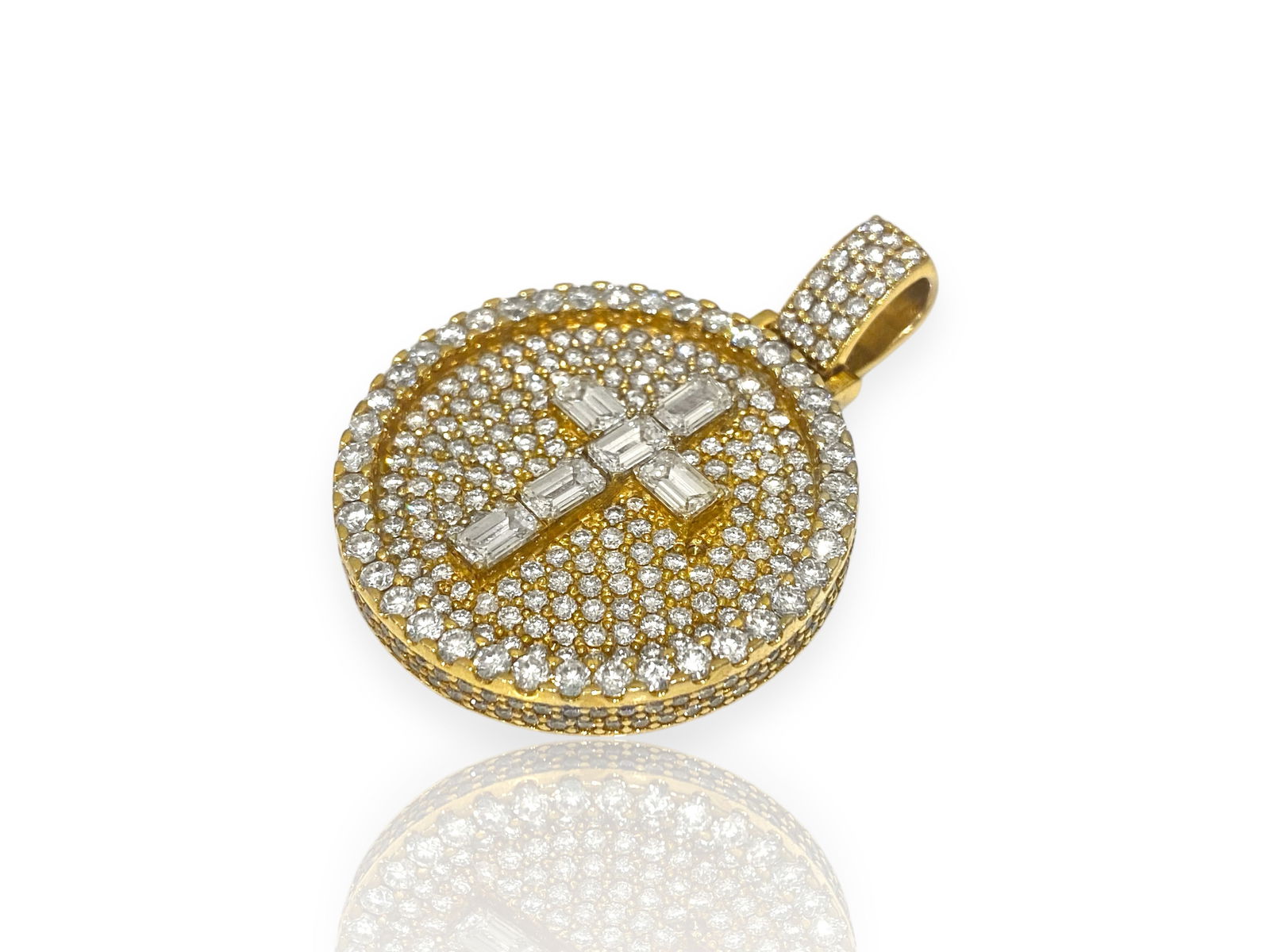 Over 7 TCW Pave Round & Baguette Shaped Diamond Cross Pendant: Condition: Like New Brand: Unbranded. Material: 10k Yellow Gold. Jewel: Diamond. Diamond Count: 330 Brilliant Round Diamond and 6 Baguette cut Diamond. Total carat Weight: Over 7 TCW Clarity & Color: