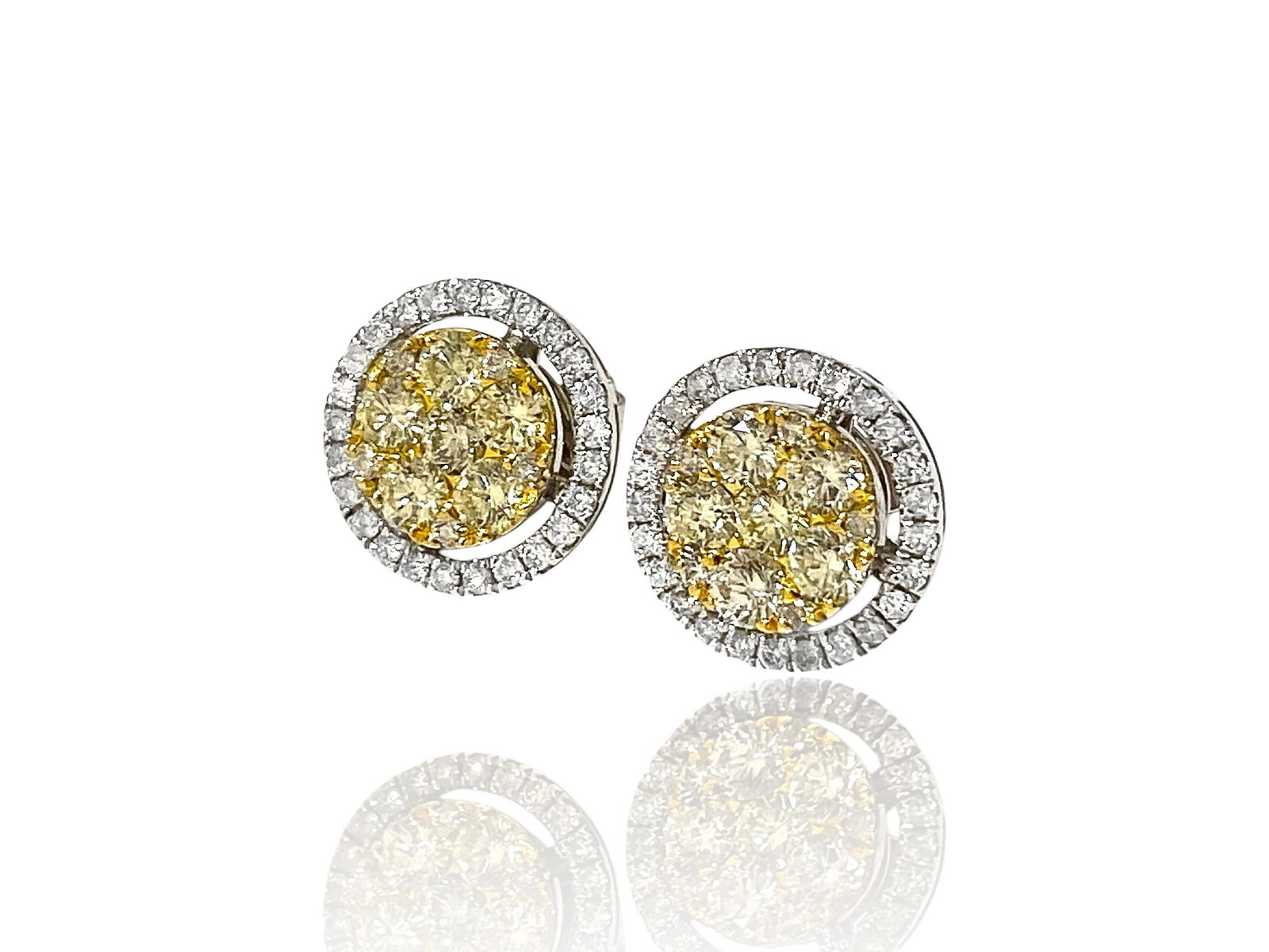 Apx 3 Carat Natural Yellow and White Diamond Gold Stud Earrings: Condition: Like New Brand: Unbranded Metal: 14k White Gold GemStone: Round Yellow and White Diamond Diamond Count: 72 Round-cut Diamonds. Carat Weight: Apx 3 TCW Clarity Grade: VS-SI Weight: 5.8 grams