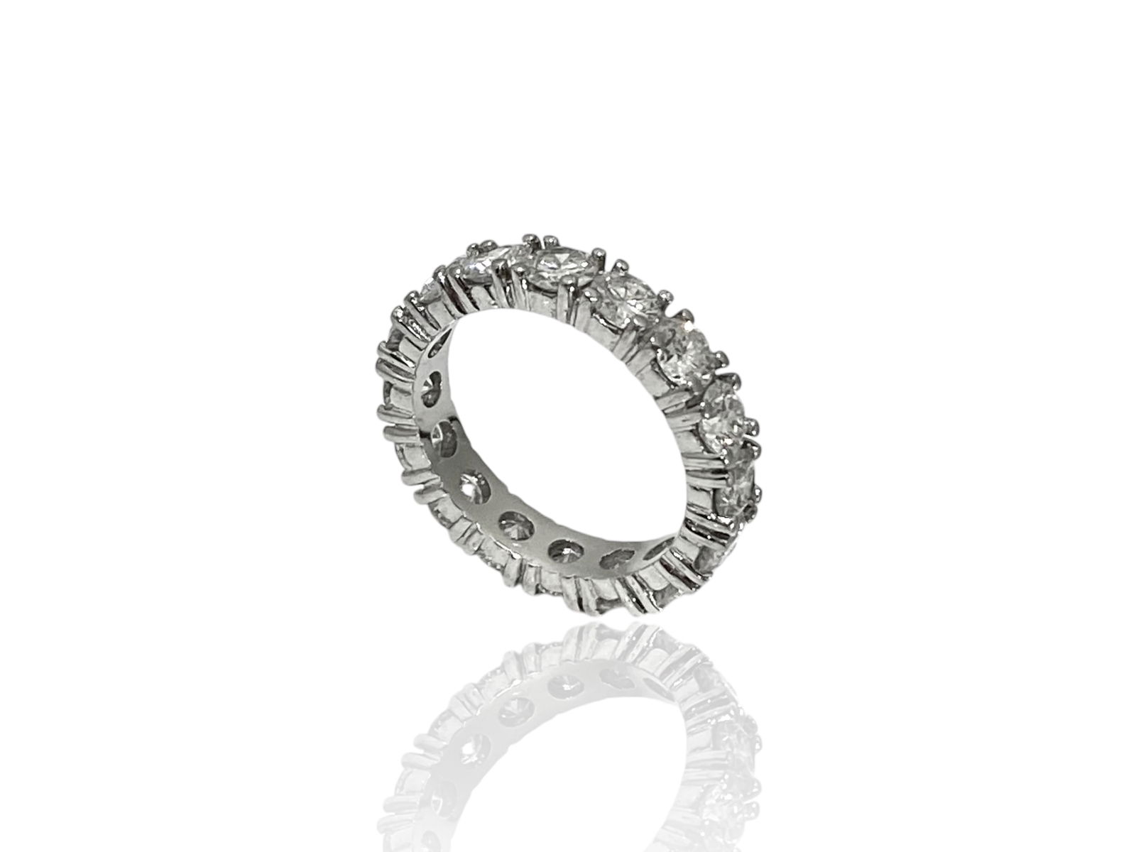 Apx 4 TCW Diamond Platinum Eternity Band Ring: Condition: Like New Brand: Unbranded. Metal: Platinum. GemStone: Round Brilliant-cut Diamond. Diamond Count: 16 Stones. Carat Weight: Apx 4 TCW Clarity and Color: VS1; G-H Ring Size: 6.25. Weight: 6.7