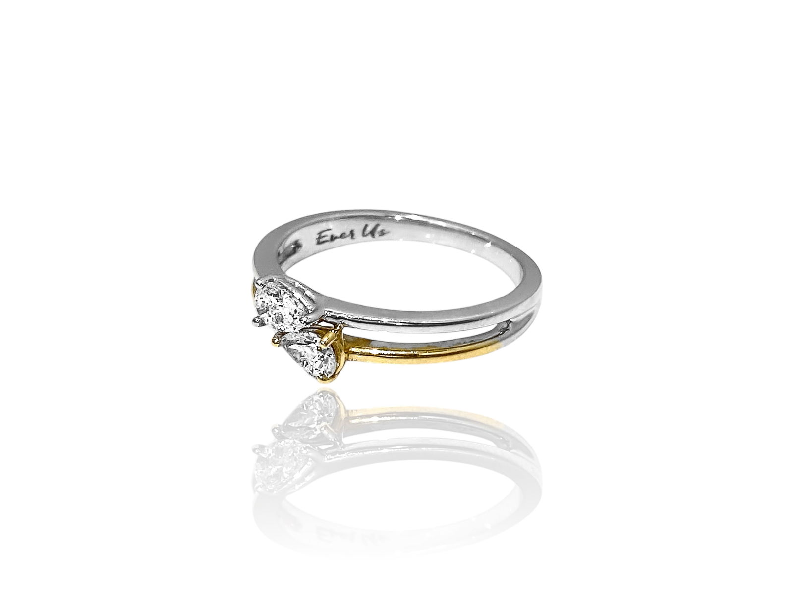 Ever Us Two Stone Diamond Ring in 14k Two Tone Gold: Condition: Excellent. Creator: Ever Us. Metal Purity: 14k White and Yellow Gold . Jewel: Diamond. Stone Cut: Pear Cut Jewel Count: 2. Total Carat Weight: Apx .75 TCW Clarity and Color: VS2-SI1; F-G. R