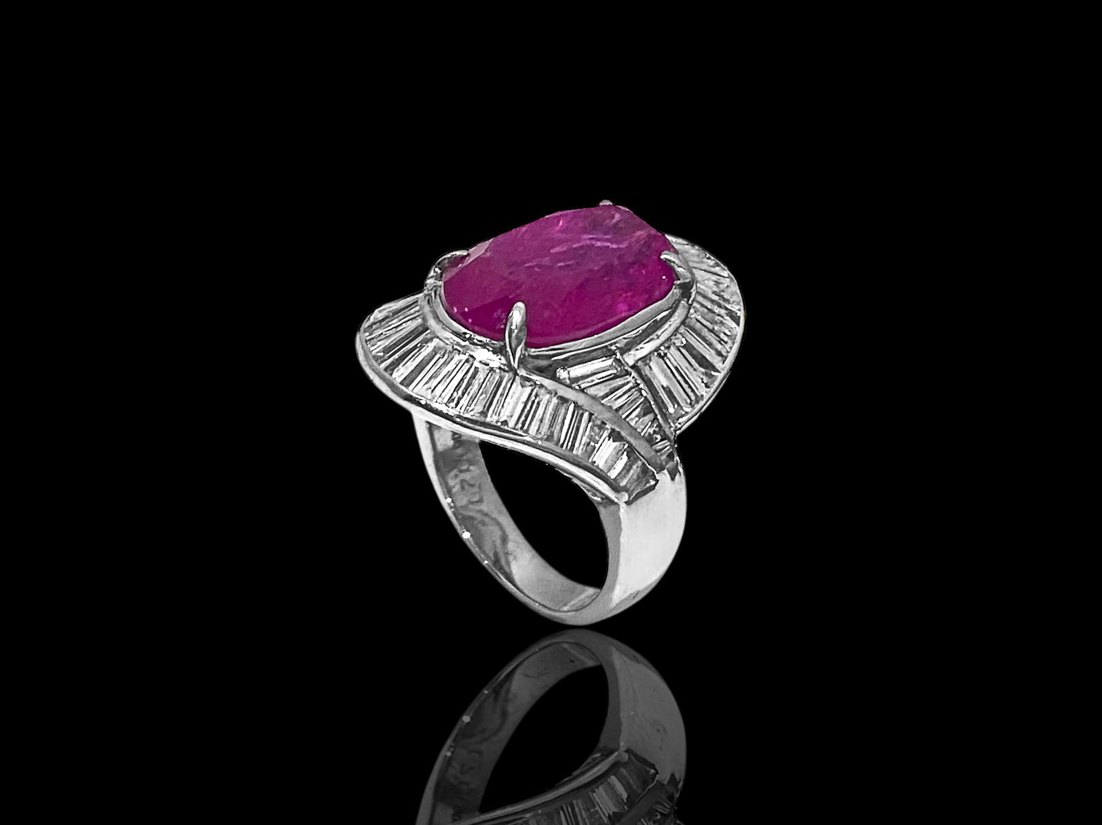 Over 10 Carats Natural Ruby and Baguette Diamond Ring in Platinum w/ AIGS Certification.: Condition: Like New Brand: Unbranded. Metal: Platinum. GemStone: Ruby and Baguette-cut Diamond. Origin: Myanmar(Mogok)* No indication of Heating. Ruby Dimensions: 15.40 x 9.82 x 6.49 mm. Color: Reddis