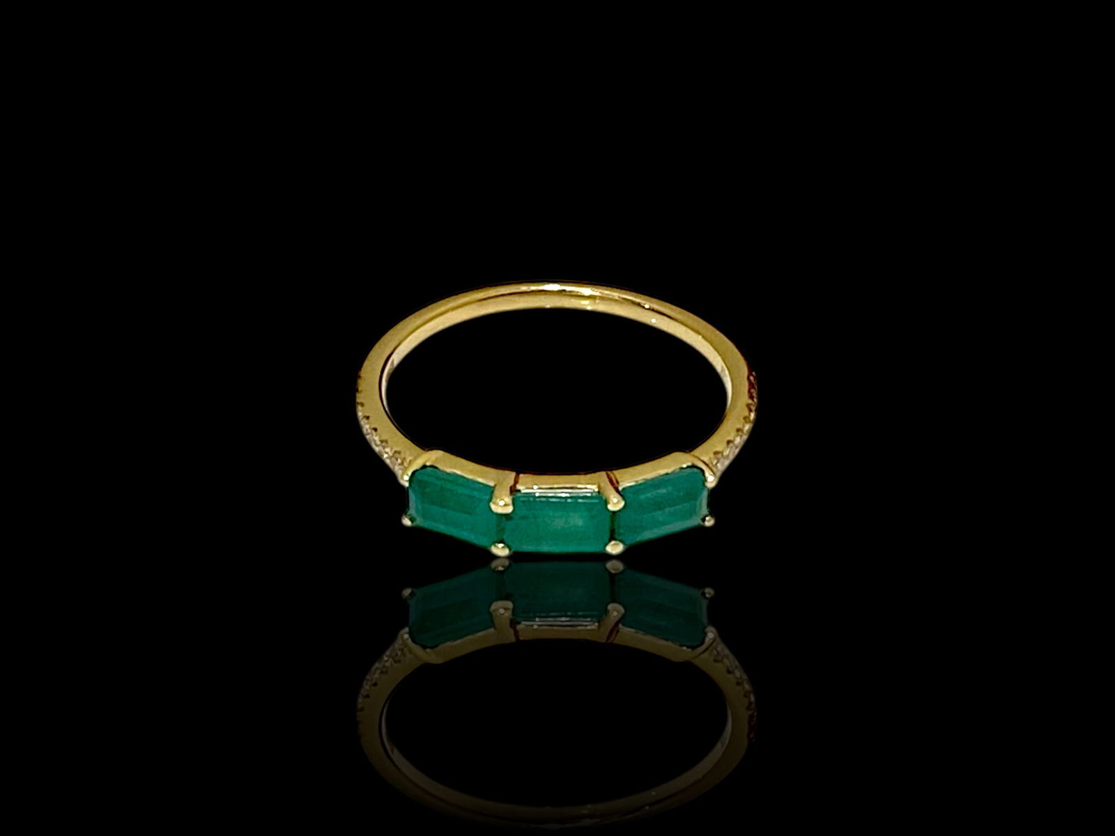 EFFY Sideways Emerald-Cut Emerald and 1/20 CT. T.W. Diamond Three Stone Ring in 14K Gold: Condition : Like New. Brand : EFFY. Metal: 14k Yellow Gold. Gemstone: Emerald and 1/20 CT. T.W. Diamond. Emerald Dimension: 6mm x 4mm Ring Size: 7.25 Weight: 1.5 grams.