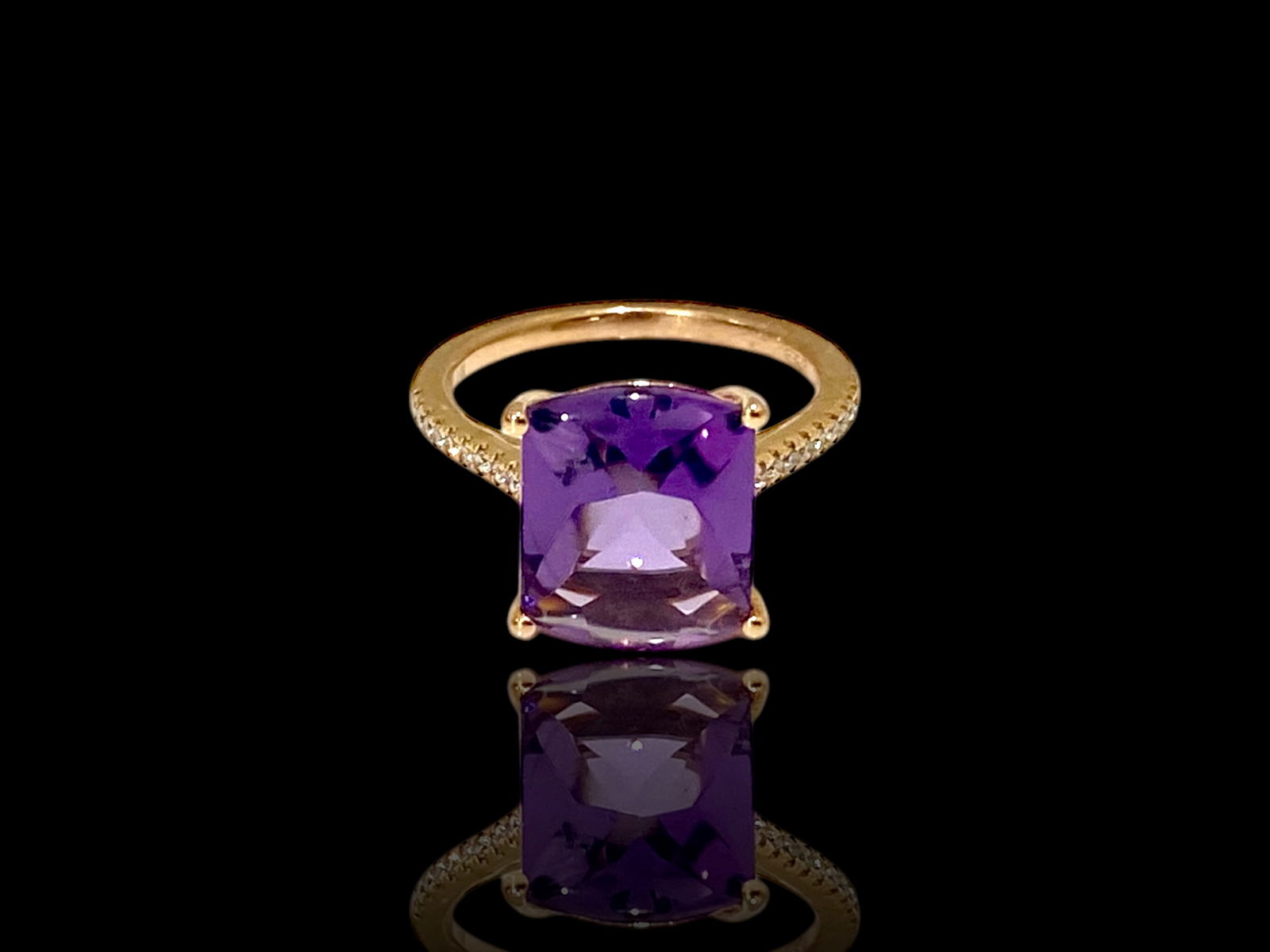 EFFY Collection Cushion-Cut Amethyst and 1/10 CT. T.W. Diamond Ring in 14K Rose Gold: Condition : Like New. Brand : EFFY. Metal: 14k White Gold. Gemstone: Cushion-Cut Amethyst and (20) Round Diamonds. Amethyst Dimension: 11mm x 13mm Ring Size: 7. Weight: 4 grams.