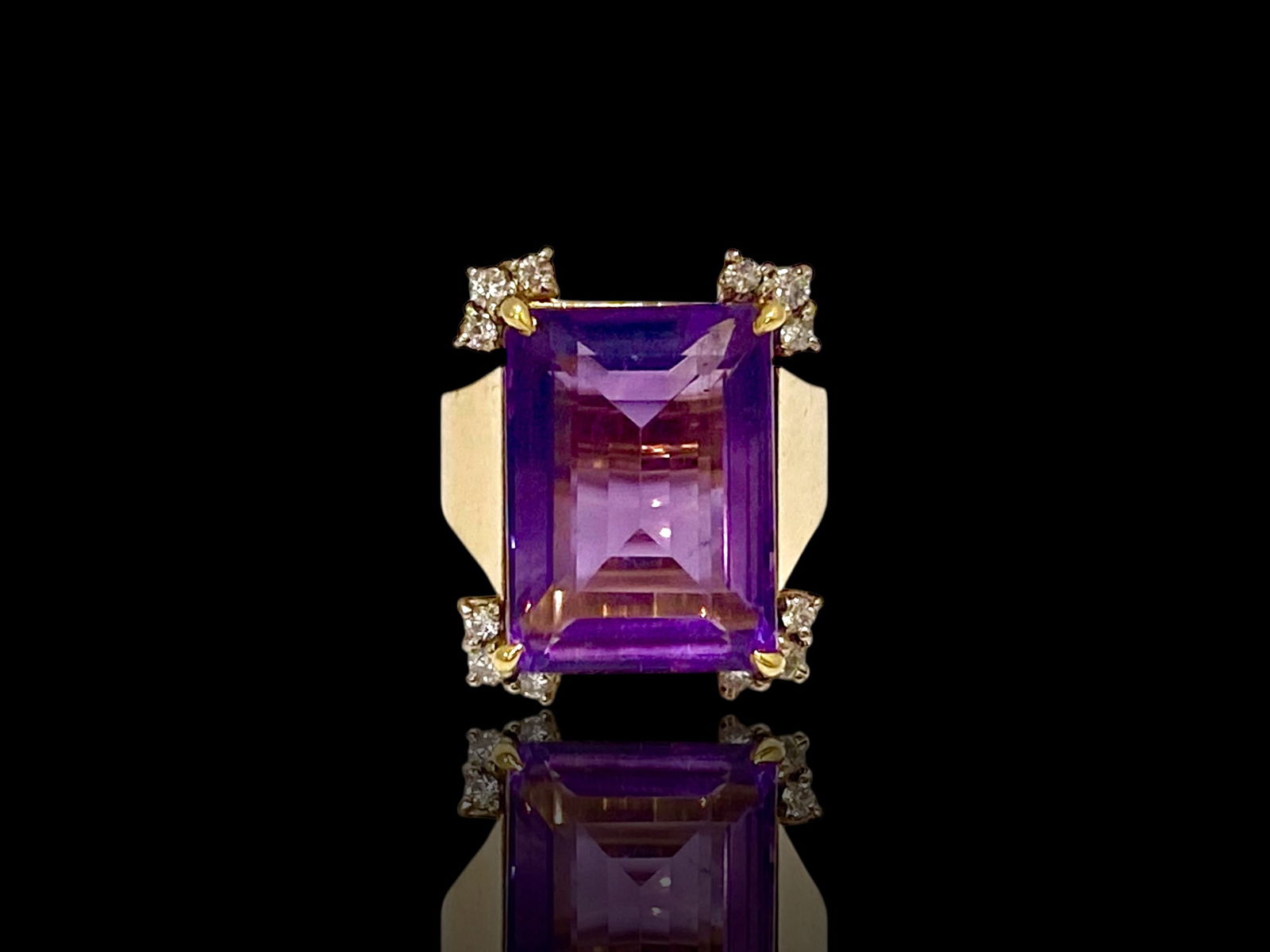 18k Yellow Gold Vintage Large Emerald Cut Amethyst and Diamond Cocktail Ring: Condition: Like New Brand: Unbranded. Metal: 18K Yellow Gold. GemStone: Amethyst and Diamond. Amethyst Dimensions: 15mm x 28mm Diamond Count: 12 Round Brilliant-cut Diamonds. Ring Size: 6.5. Weight: 1