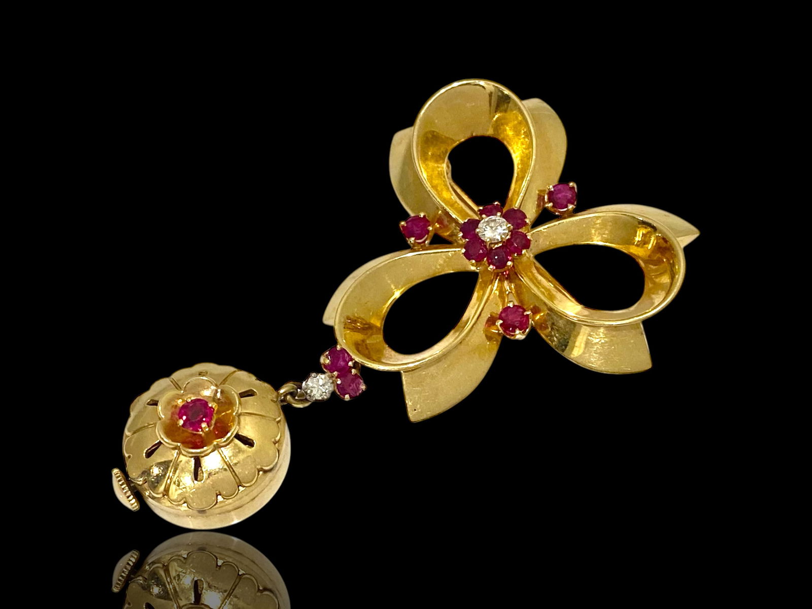 Rare! Vintage Tiffany & Co. 18k Yellow Gold Ruby and Diamond with Drop Watch Brooch (1 of 4)