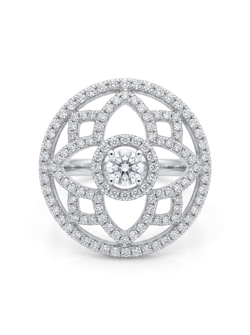 DE BEERS Enchanted Lotus Round-cut Diamond Ring In 18k White Gold: Condition: Excellent Brand: DE BEERS Material: 18k White Gold Jewel: Diamond VVS/E Diamond Type: Round Brilliant-cut Diamonds Diamond Count: 117 Setting Type: Pave Size: 7 Weight: 5.8 grams