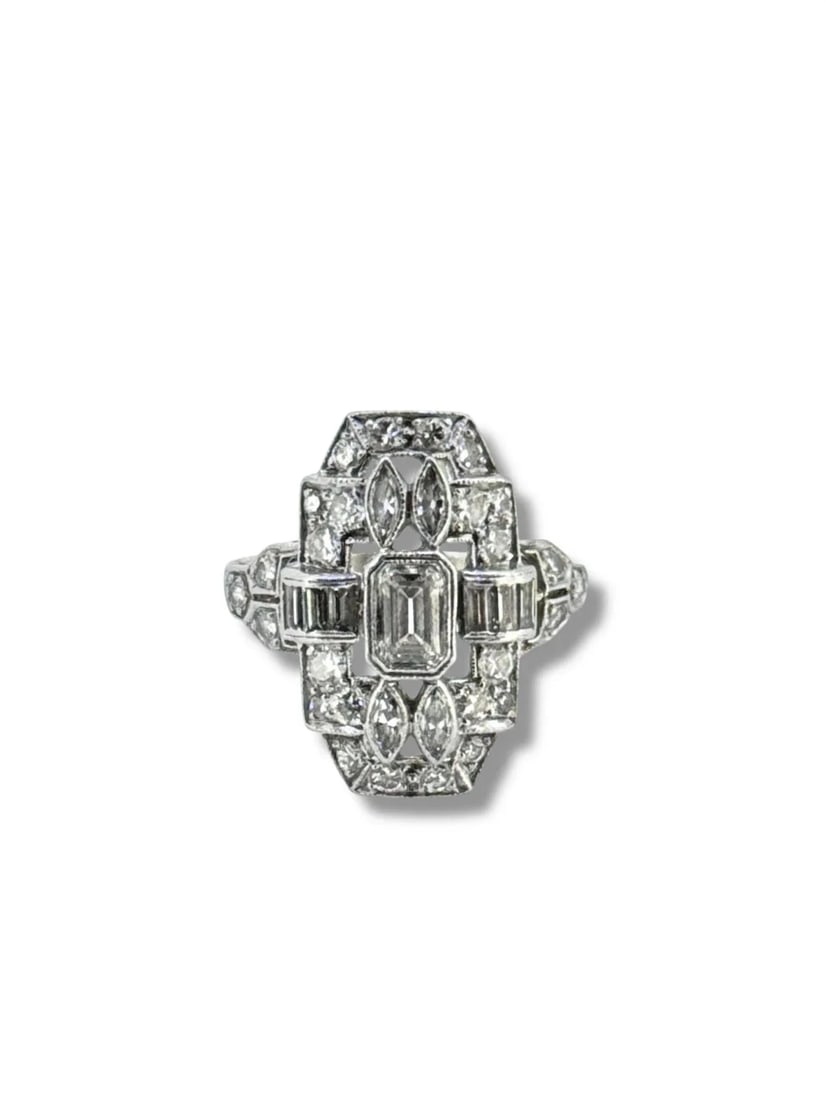 Antique Art Deco Platinum Old Cut Baguette Euro Diamond Shield Ring Sz 4.5: Condition: Gently pre owned, Excellent. Brand: Unbranded. Material: Platinum. Gemstones: Natural Diamonds (Baguette, Pear, Round, Emerald cut). Total carat weight: Over 1 carat. Clarity and color: VS2